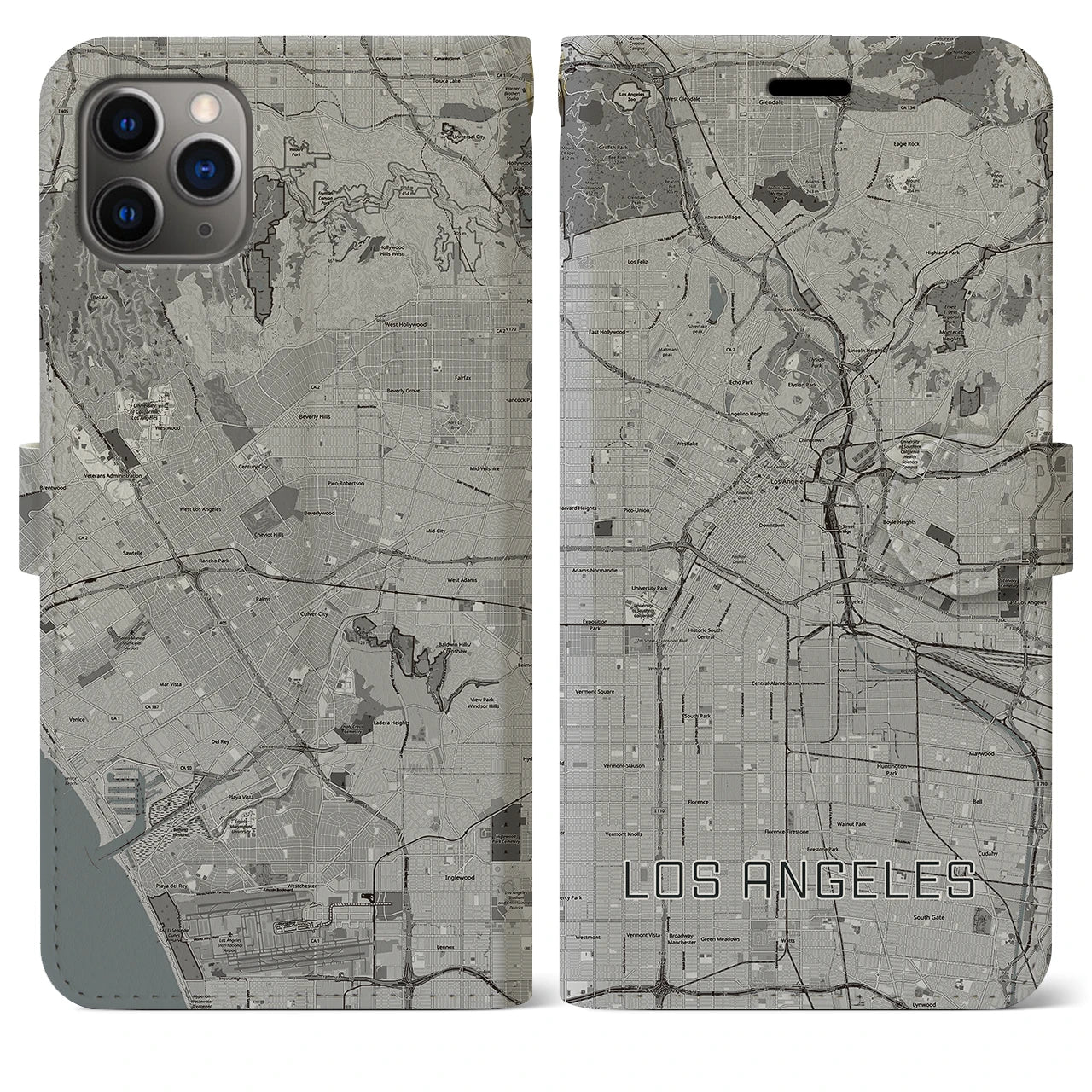【ロサンゼルス(アメリカ)】地図柄iPhoneケース(手帳タイプ)モノトーン・iPhone 11 Pro Max 用