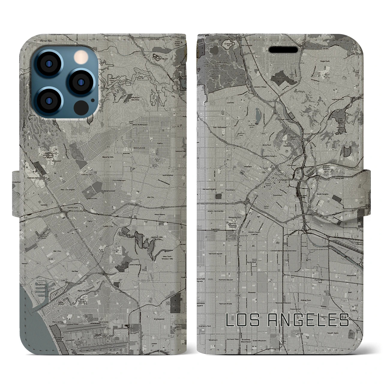 【ロサンゼルス(アメリカ)】地図柄iPhoneケース(手帳タイプ)モノトーン・iPhone 12 / 12 Pro 用