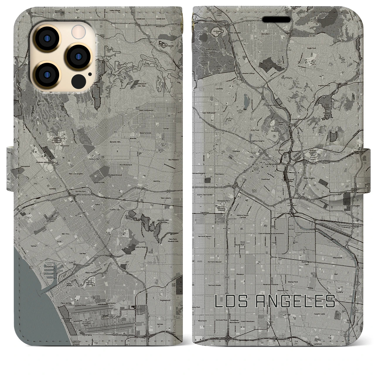 【ロサンゼルス(アメリカ)】地図柄iPhoneケース(手帳タイプ)モノトーン・iPhone 12 Pro Max 用