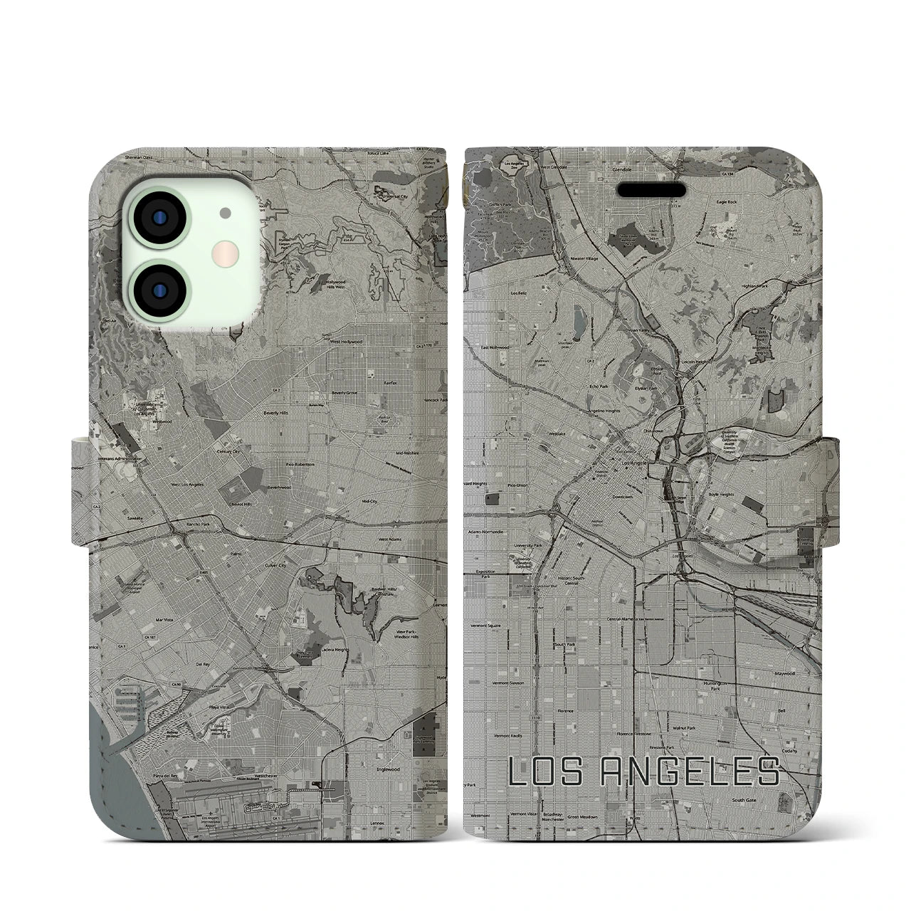 【ロサンゼルス(アメリカ)】地図柄iPhoneケース(手帳タイプ)モノトーン・iPhone 12 mini 用
