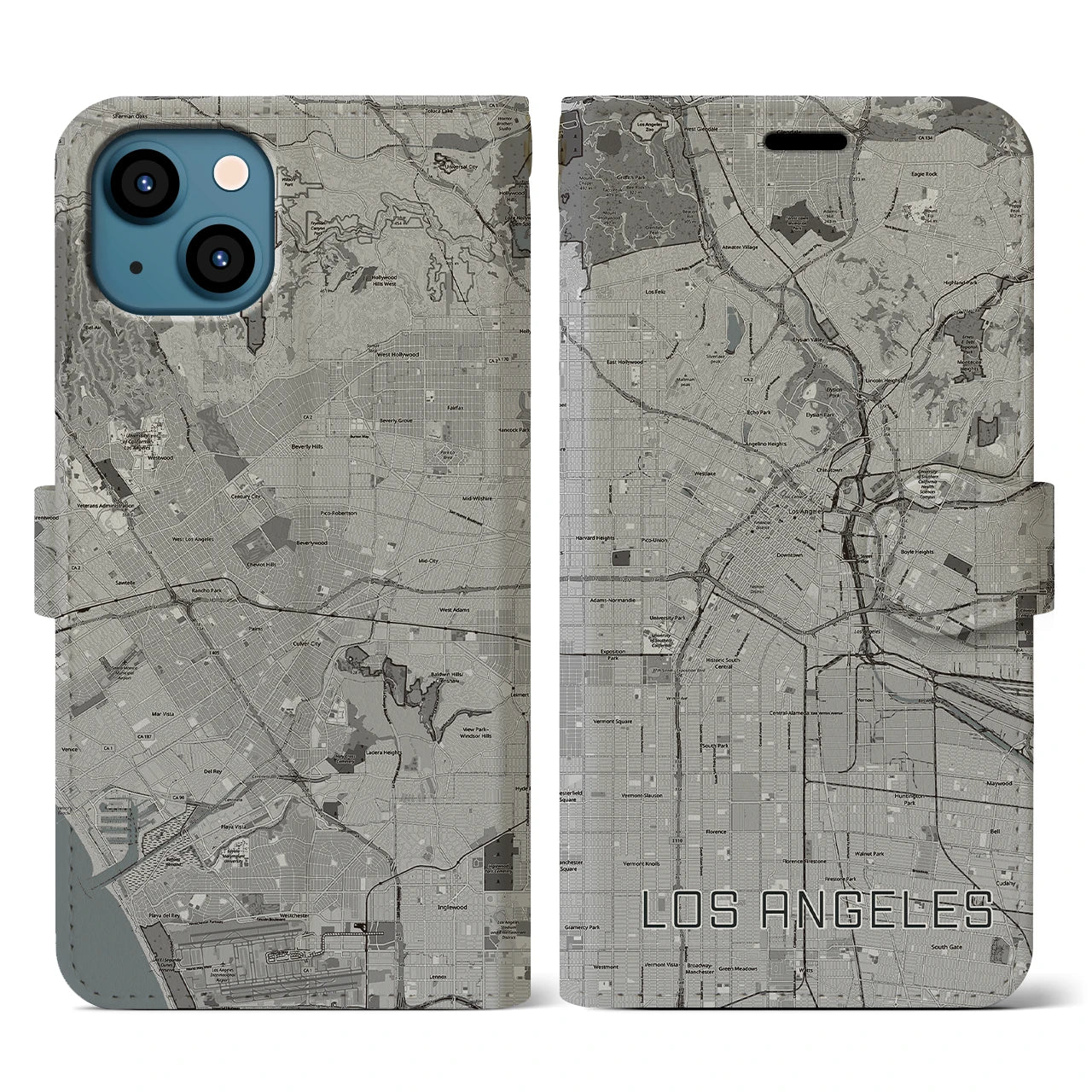 【ロサンゼルス(アメリカ)】地図柄iPhoneケース(手帳タイプ)モノトーン・iPhone 13 用