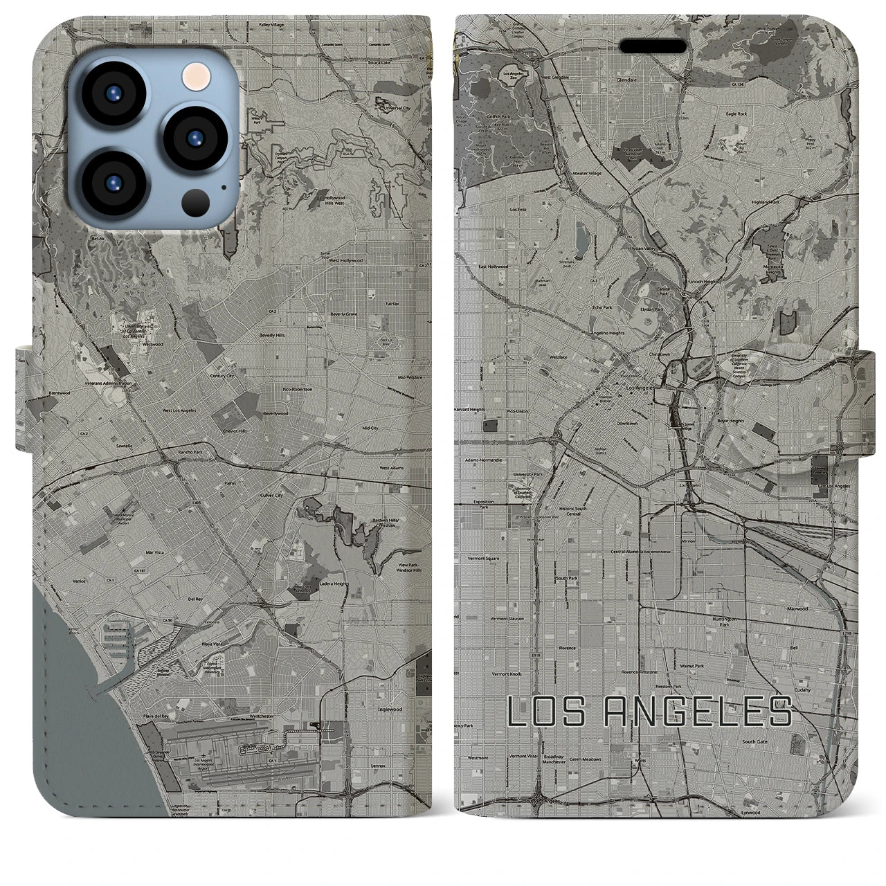 【ロサンゼルス(アメリカ)】地図柄iPhoneケース(手帳タイプ)モノトーン・iPhone 13 Pro Max 用