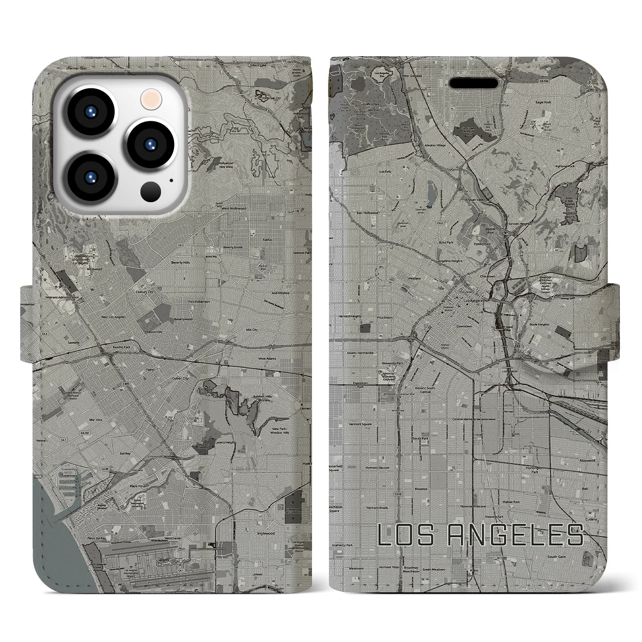【ロサンゼルス(アメリカ)】地図柄iPhoneケース(手帳タイプ)モノトーン・iPhone 13 Pro 用