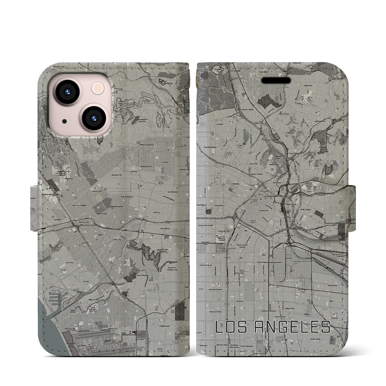 【ロサンゼルス(アメリカ)】地図柄iPhoneケース(手帳タイプ)モノトーン・iPhone 13 mini 用
