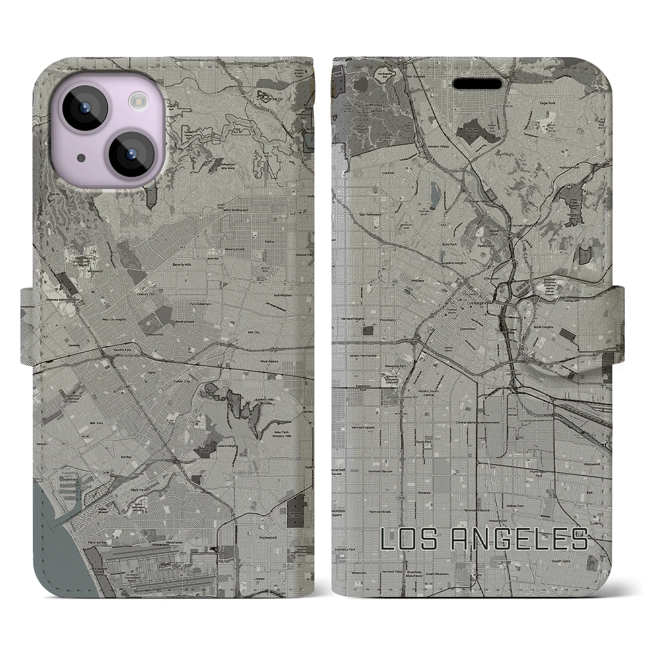 【ロサンゼルス(アメリカ)】地図柄iPhoneケース(手帳タイプ)モノトーン・iPhone 14 用