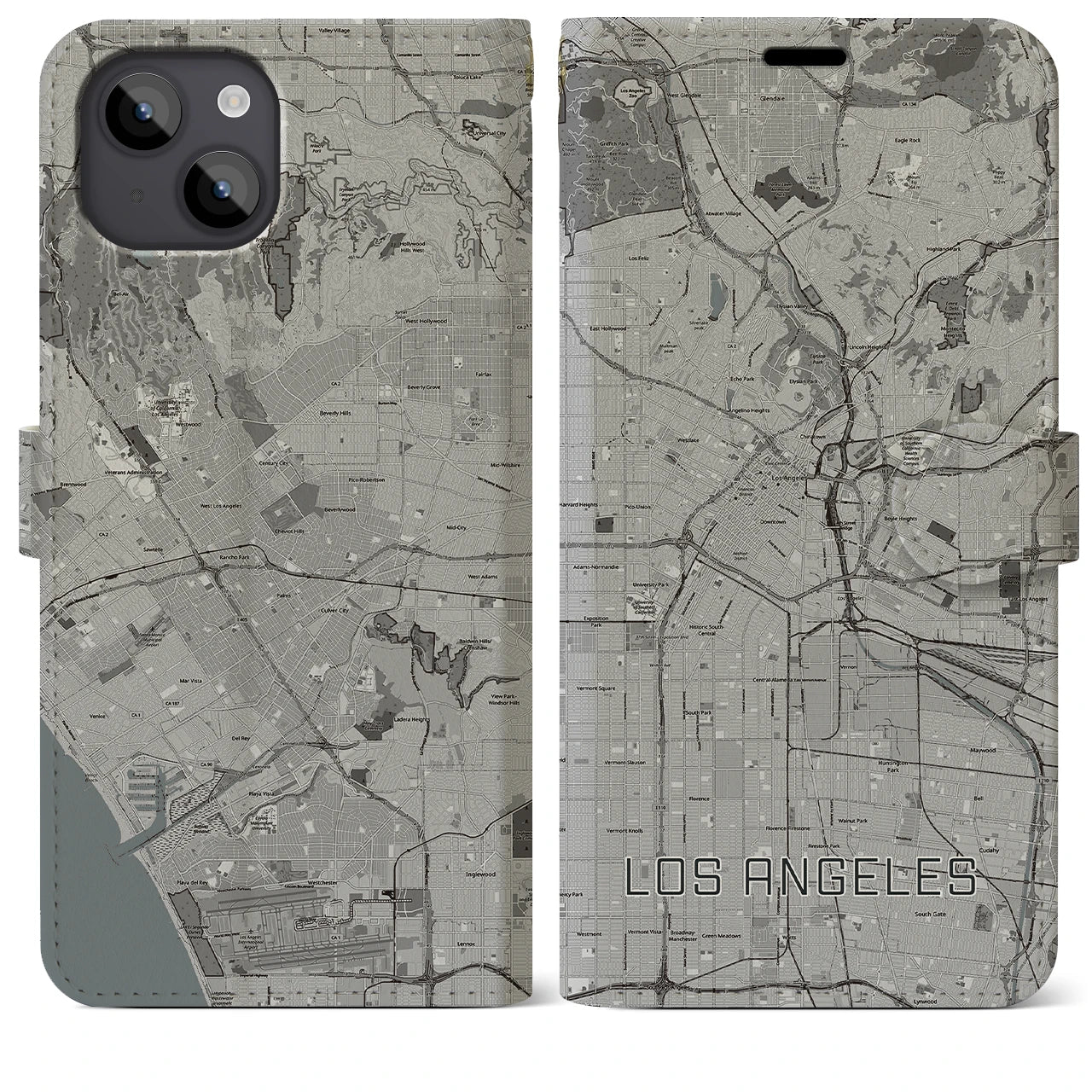 【ロサンゼルス(アメリカ)】地図柄iPhoneケース(手帳タイプ)モノトーン・iPhone 14 Plus 用