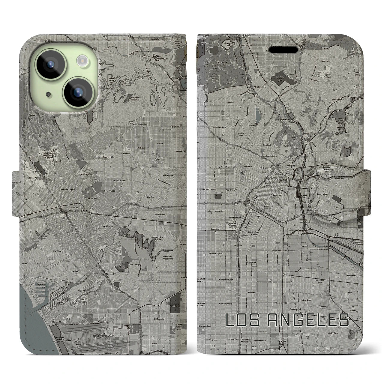 【ロサンゼルス(アメリカ)】地図柄iPhoneケース(手帳タイプ)モノトーン・iPhone 15 用