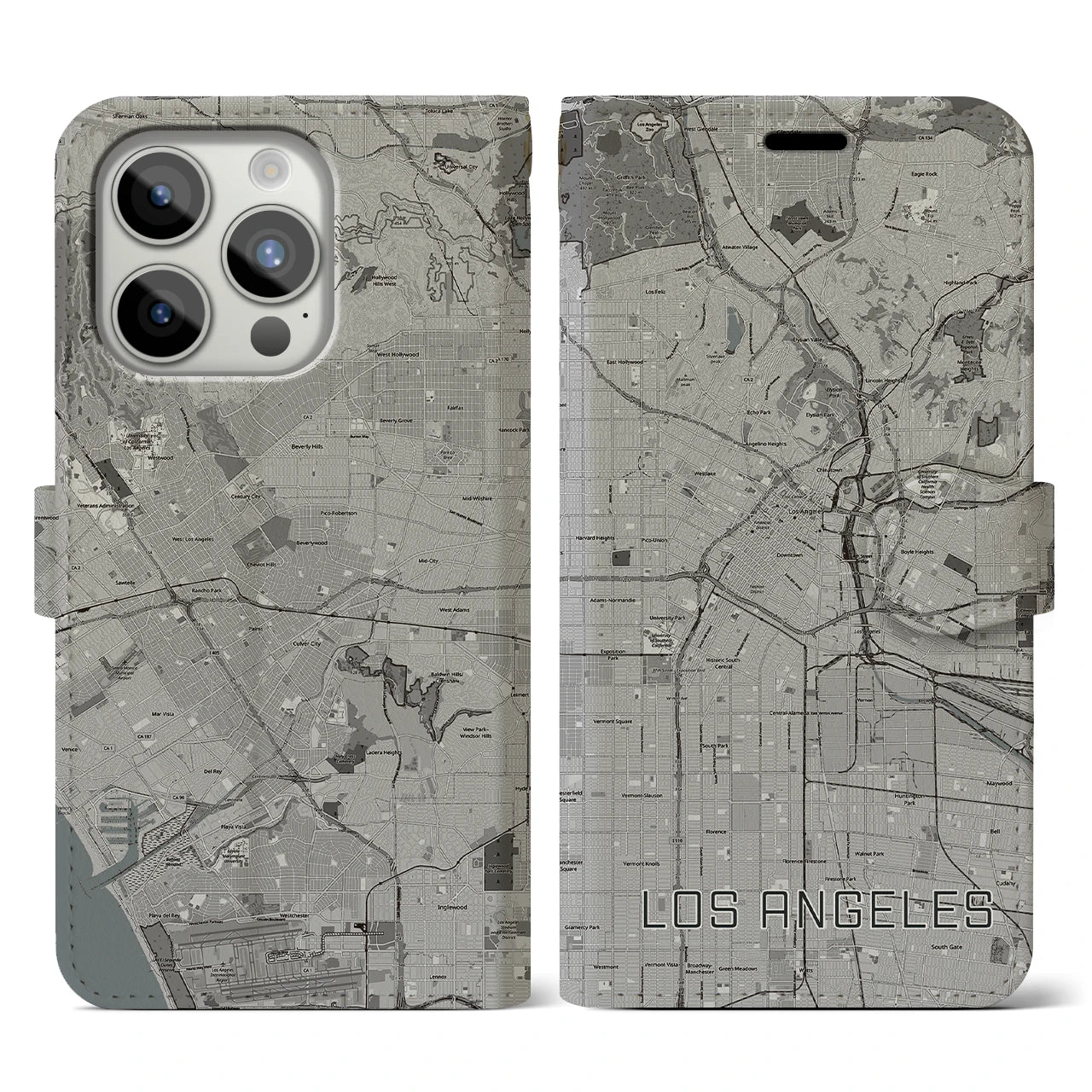 【ロサンゼルス(アメリカ)】地図柄iPhoneケース(手帳タイプ)モノトーン・iPhone 15 Pro 用
