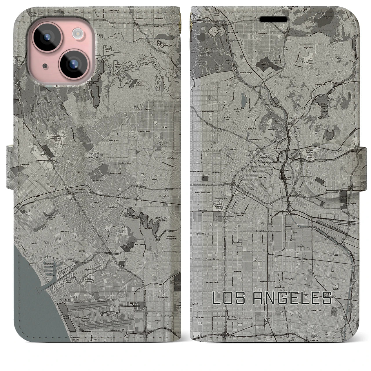 【ロサンゼルス(アメリカ)】地図柄iPhoneケース(手帳タイプ)モノトーン・iPhone 15 Plus 用