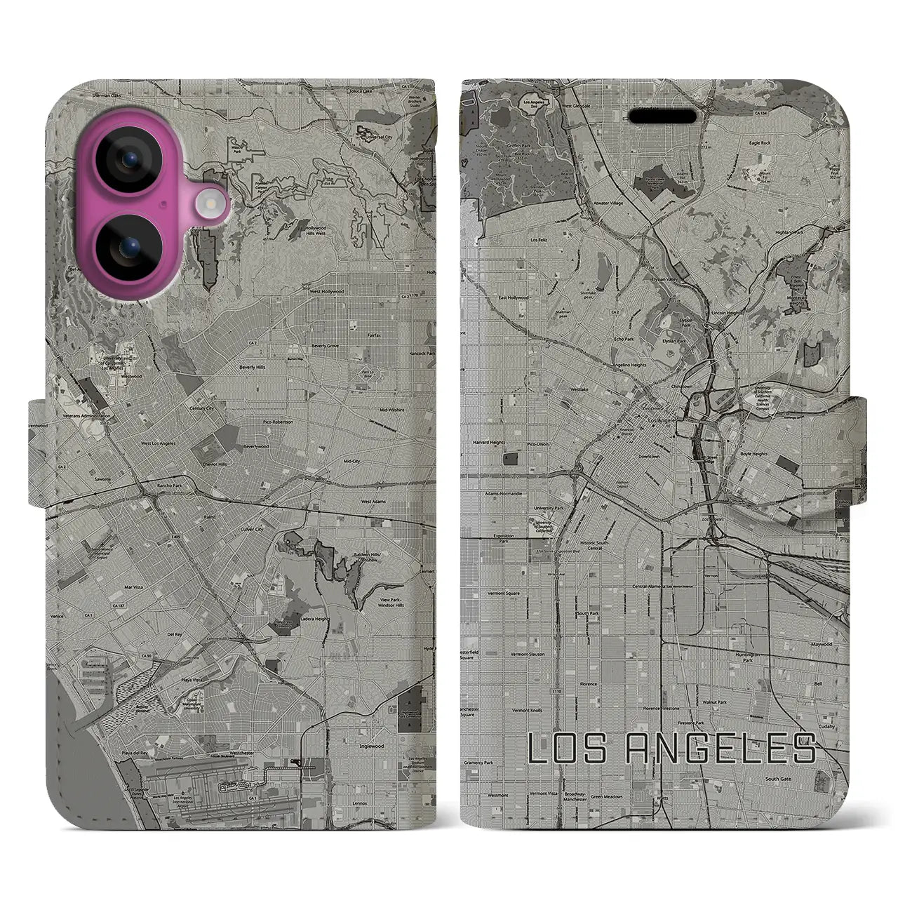 【ロサンゼルス(アメリカ)】地図柄iPhoneケース(手帳タイプ)モノトーン・iPhone 16 Pro 用