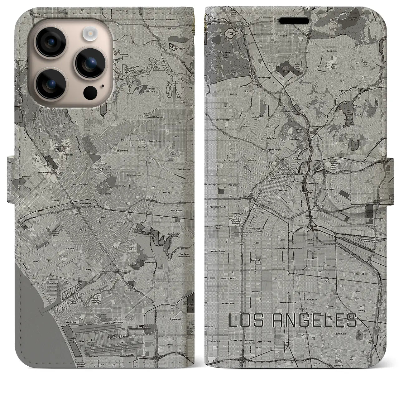 【ロサンゼルス(アメリカ)】地図柄iPhoneケース(手帳タイプ)モノトーン・iPhone 16 Plus 用
