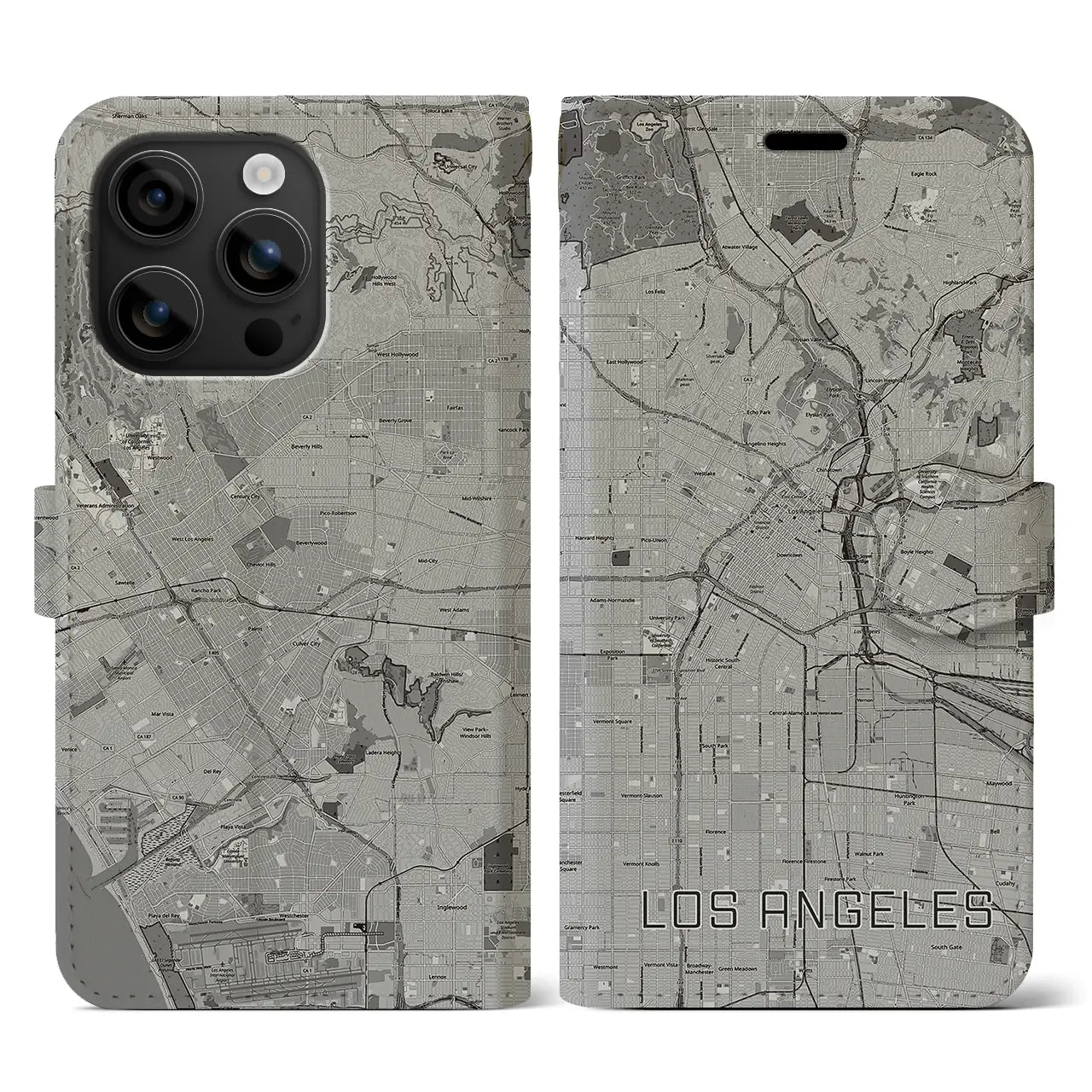 【ロサンゼルス(アメリカ)】地図柄iPhoneケース(手帳タイプ)モノトーン・iPhone 16 用