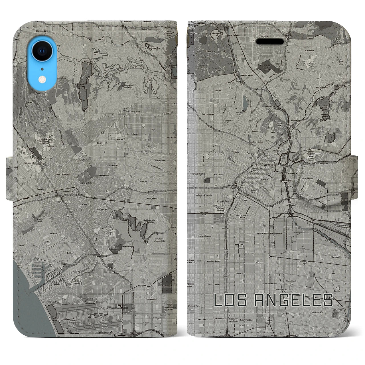 【ロサンゼルス(アメリカ)】地図柄iPhoneケース(手帳タイプ)モノトーン・iPhone XR 用