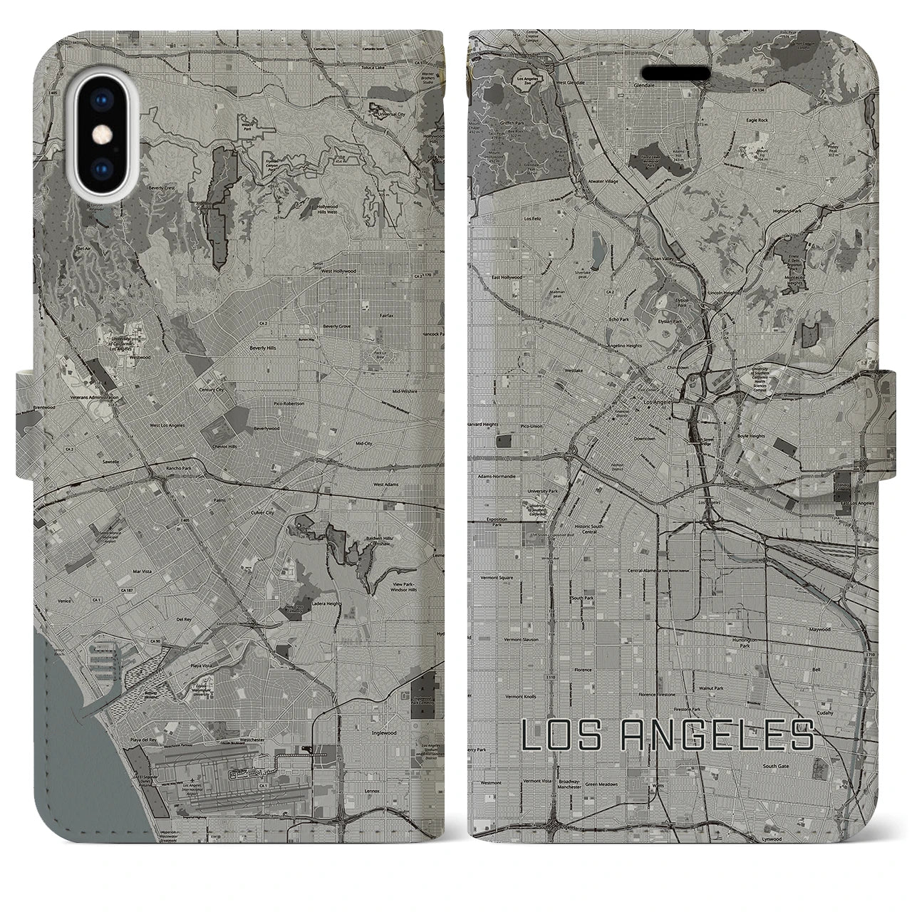 【ロサンゼルス(アメリカ)】地図柄iPhoneケース(手帳タイプ)モノトーン・iPhone XS Max 用