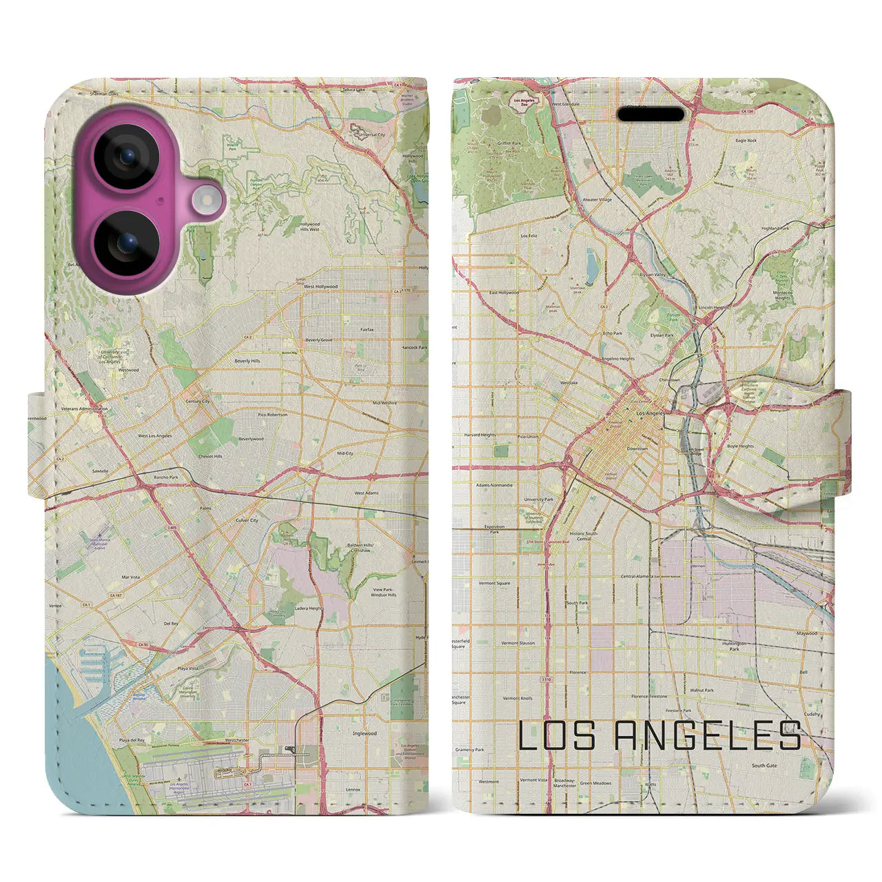 【ロサンゼルス(アメリカ)】地図柄iPhoneケース(手帳タイプ)ナチュラル・iPhone 16 Pro 用