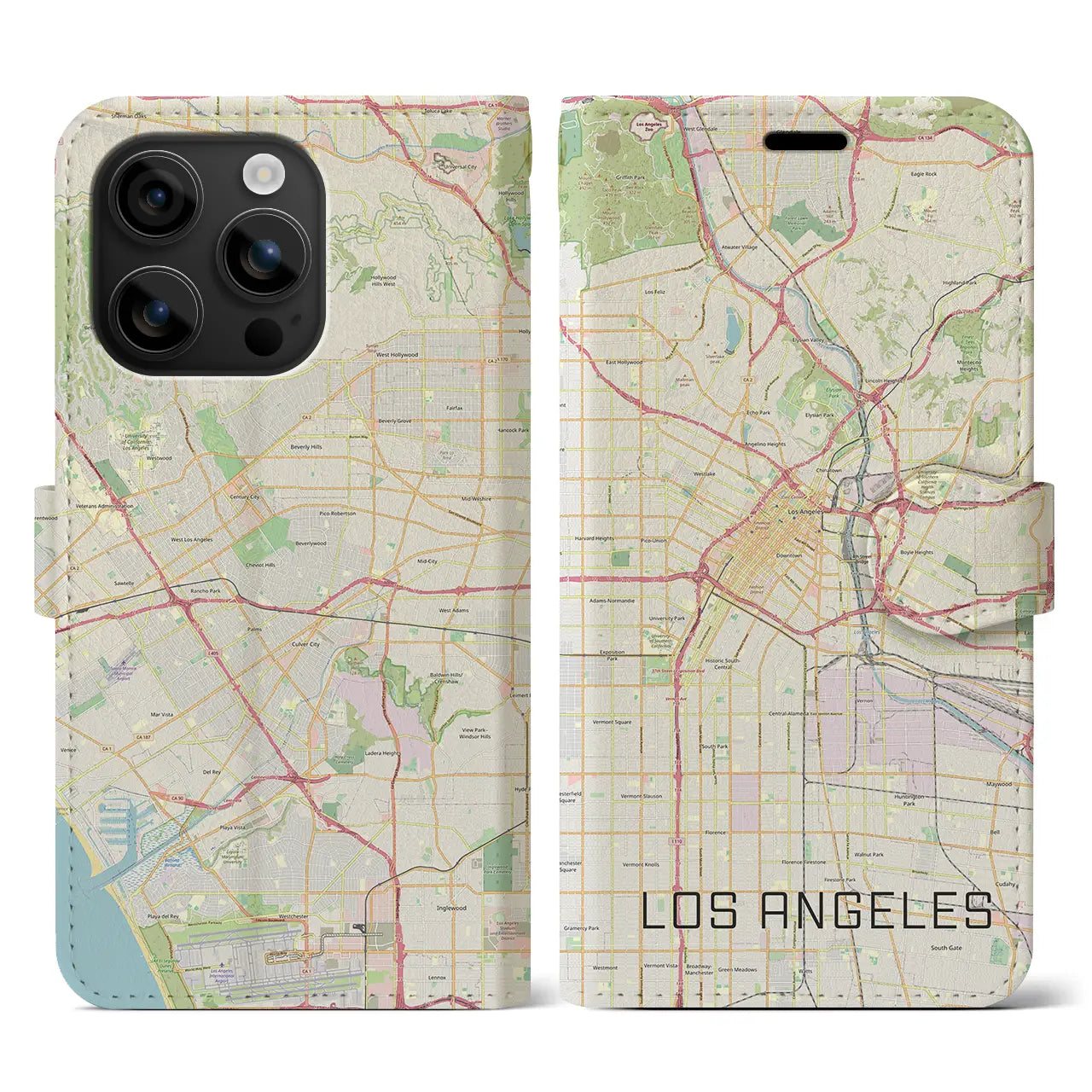 【ロサンゼルス(アメリカ)】地図柄iPhoneケース(手帳タイプ)ナチュラル・iPhone 16 用