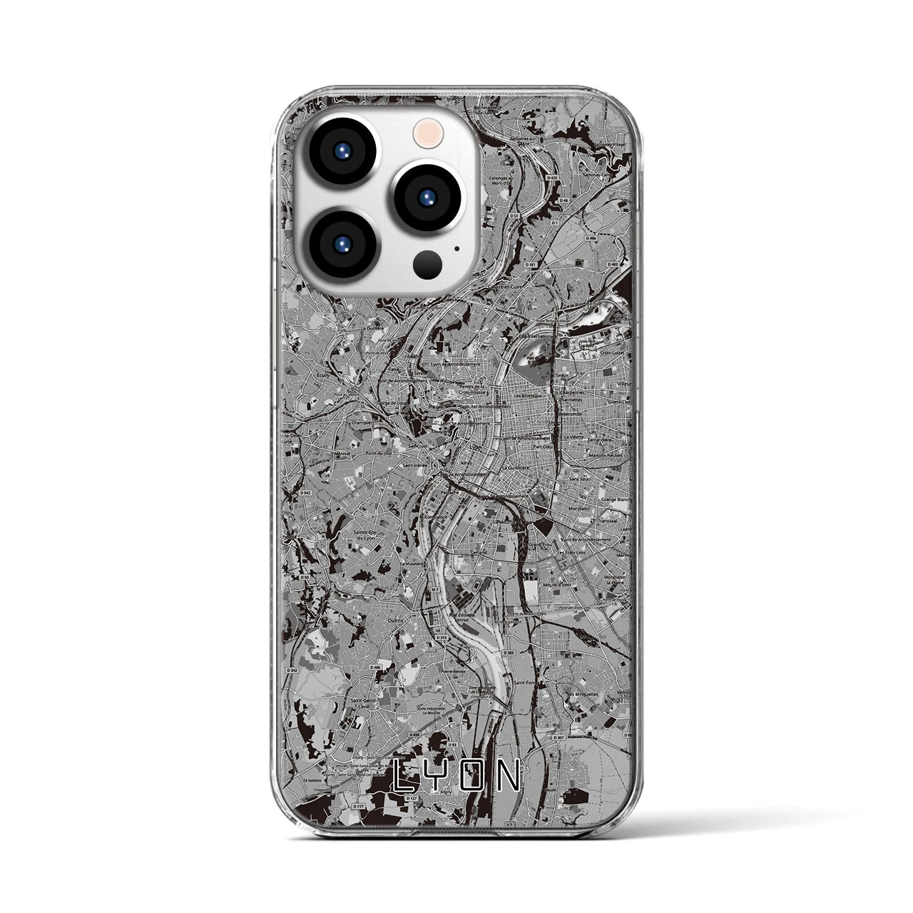 【リヨン(フランス)】地図柄iPhoneケース(クリアタイプ)モノトーン・iPhone 13 Pro 用