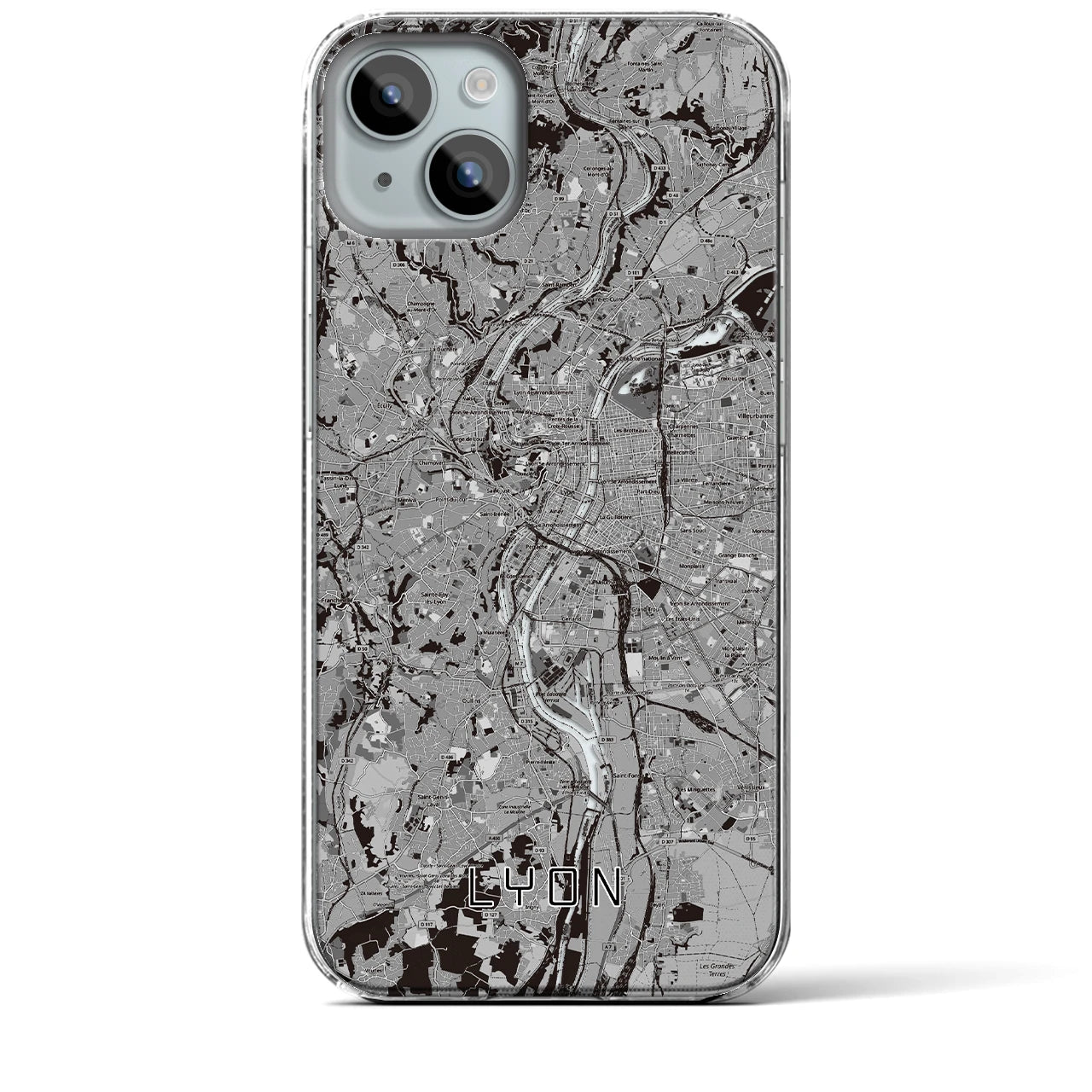 【リヨン(フランス)】地図柄iPhoneケース(クリアタイプ)モノトーン・iPhone 15 Plus 用