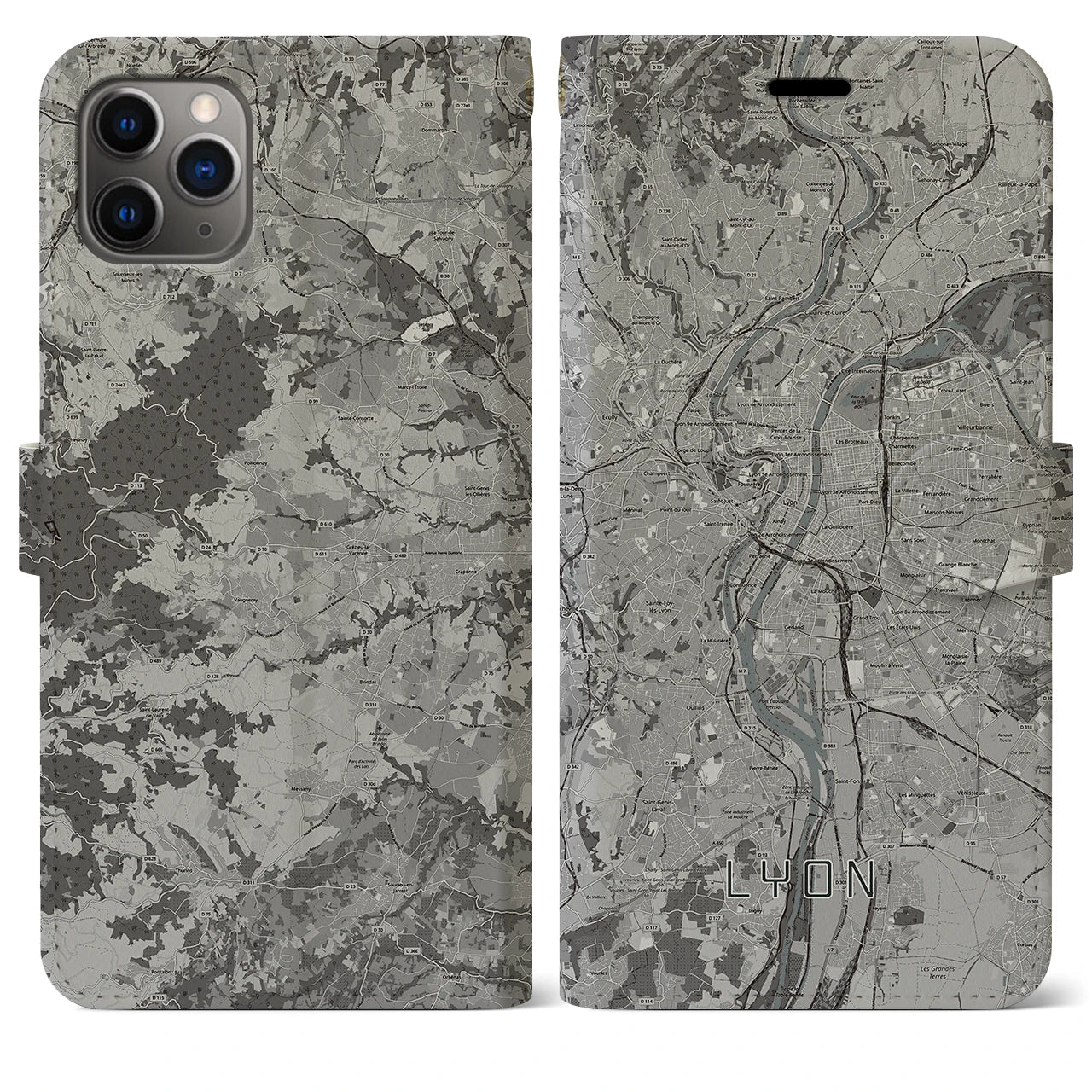 【リヨン(フランス)】地図柄iPhoneケース(手帳タイプ)モノトーン・iPhone 11 Pro Max 用