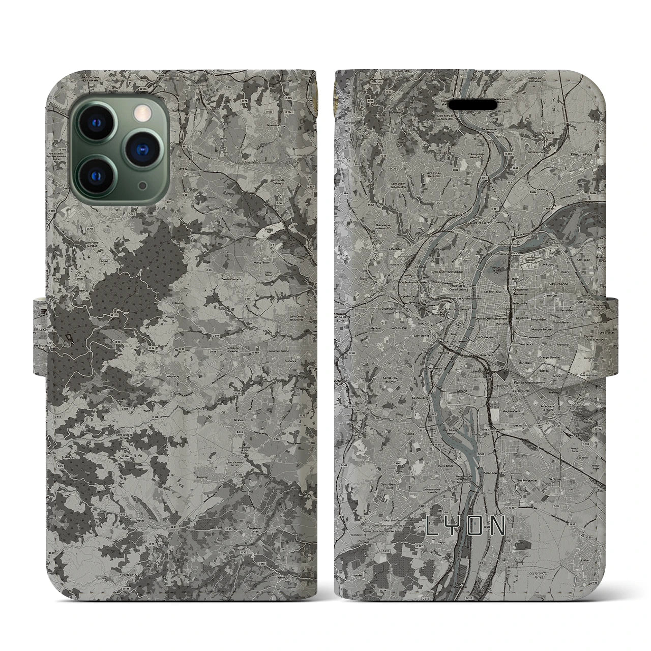 【リヨン(フランス)】地図柄iPhoneケース(手帳タイプ)モノトーン・iPhone 11 Pro 用