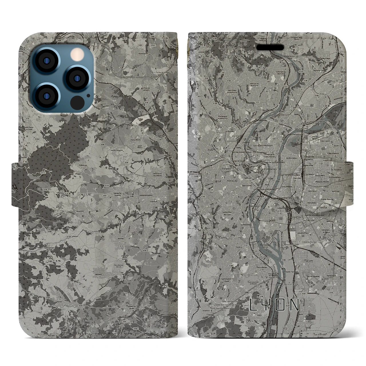 【リヨン(フランス)】地図柄iPhoneケース(手帳タイプ)モノトーン・iPhone 12 / 12 Pro 用