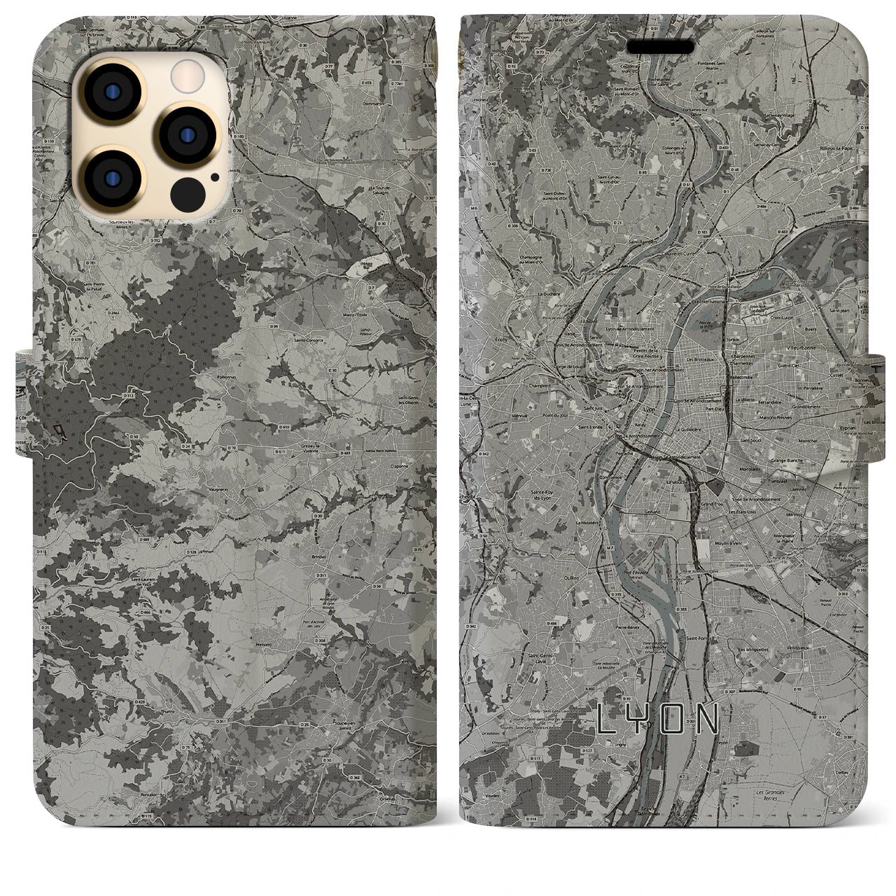 【リヨン(フランス)】地図柄iPhoneケース(手帳タイプ)モノトーン・iPhone 12 Pro Max 用