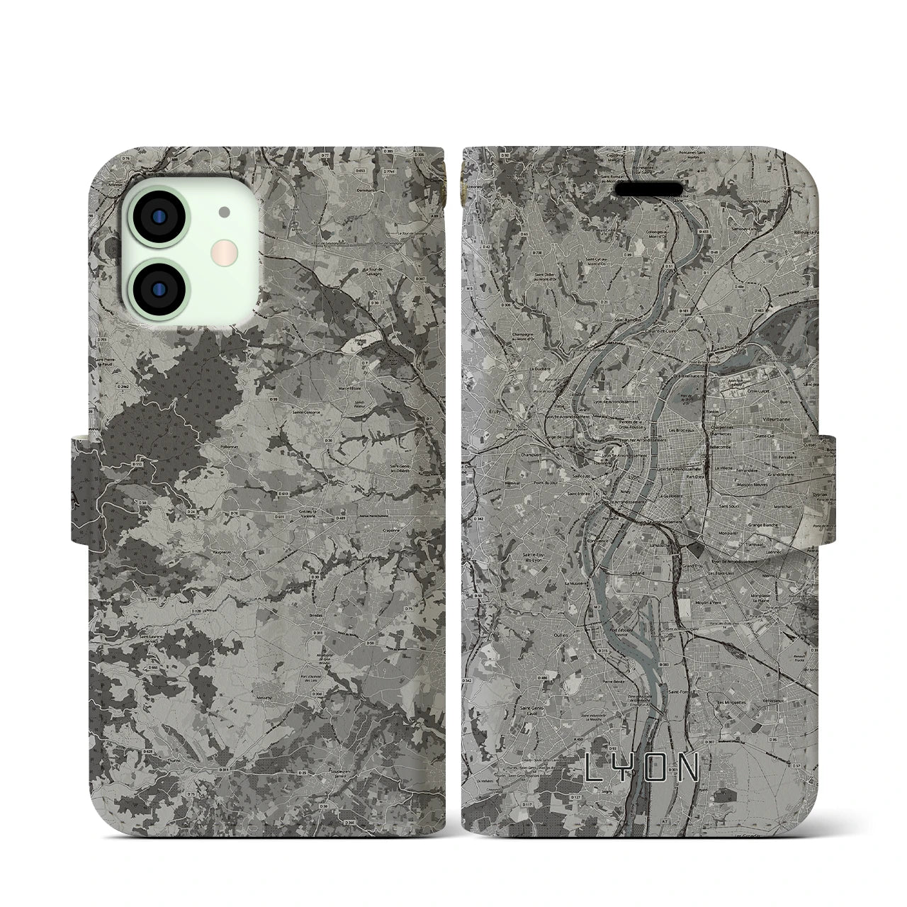 【リヨン(フランス)】地図柄iPhoneケース(手帳タイプ)モノトーン・iPhone 12 mini 用