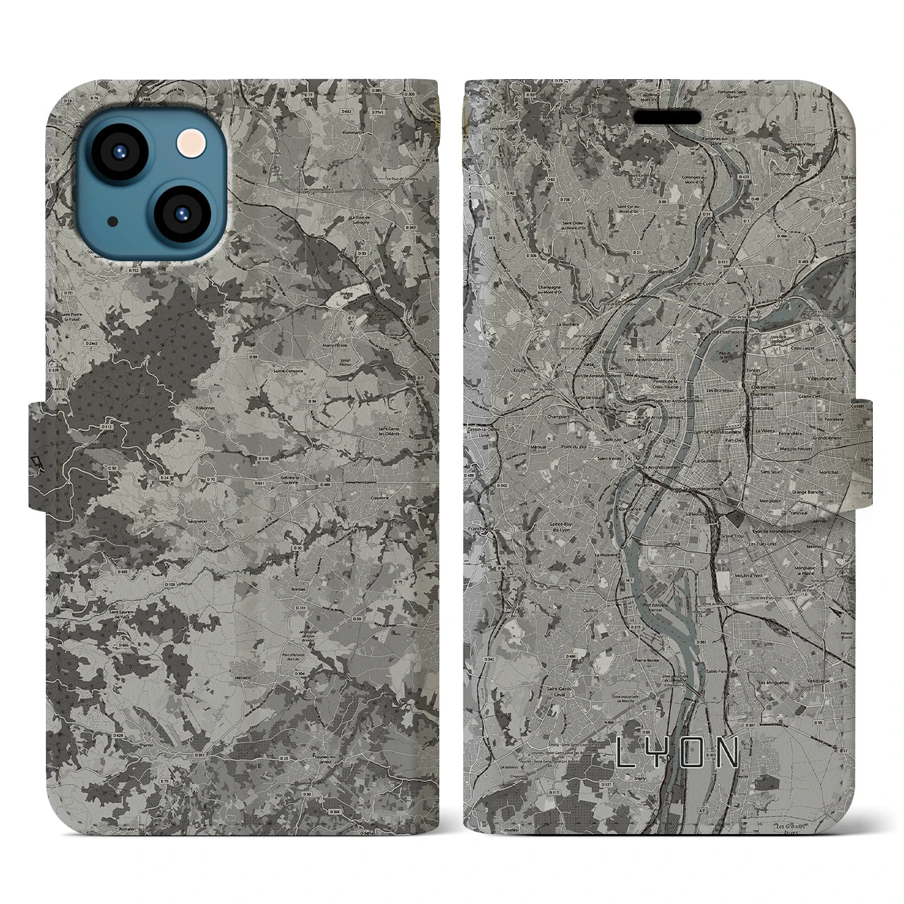 【リヨン(フランス)】地図柄iPhoneケース(手帳タイプ)モノトーン・iPhone 13 用