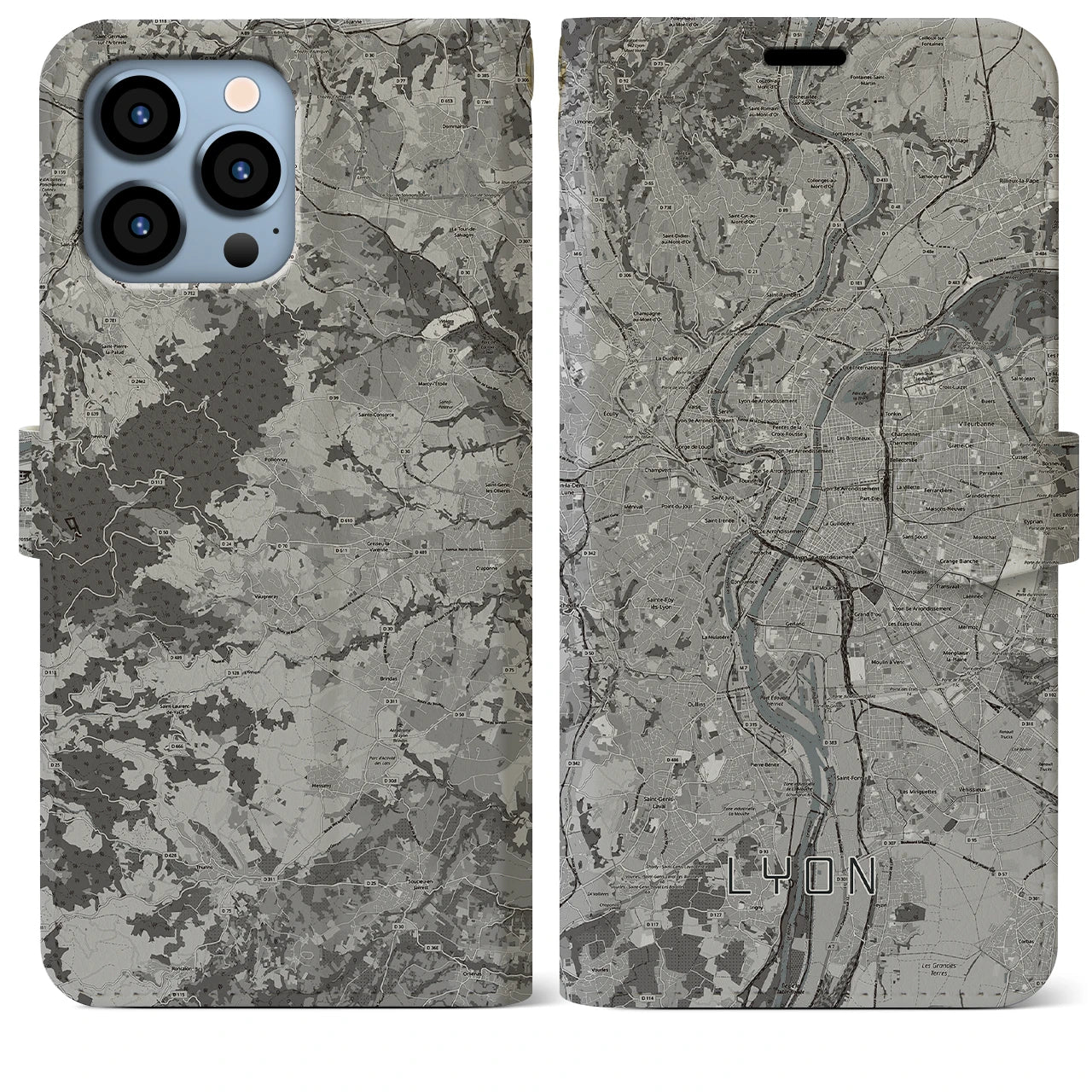 【リヨン(フランス)】地図柄iPhoneケース(手帳タイプ)モノトーン・iPhone 13 Pro Max 用
