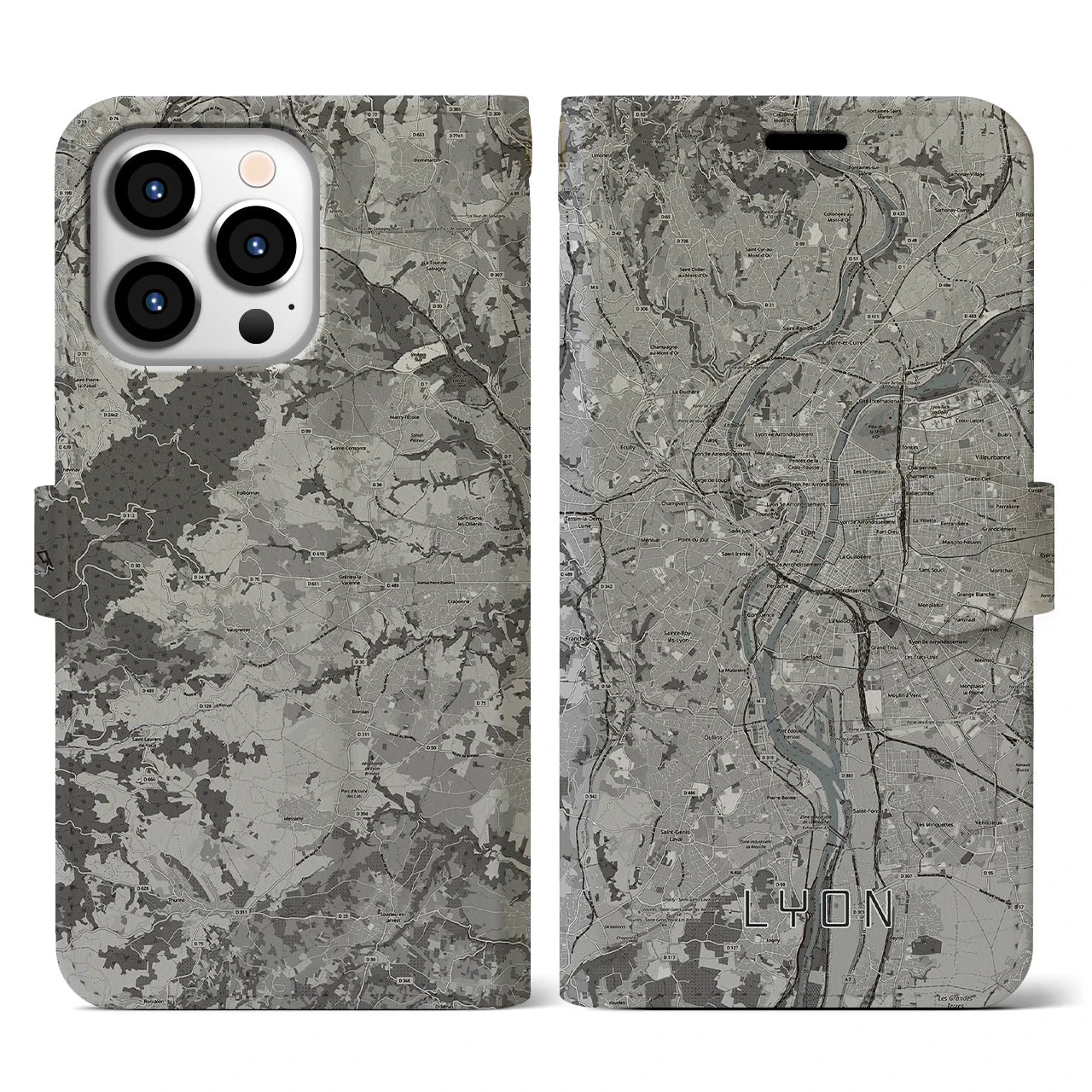 【リヨン(フランス)】地図柄iPhoneケース(手帳タイプ)モノトーン・iPhone 13 Pro 用