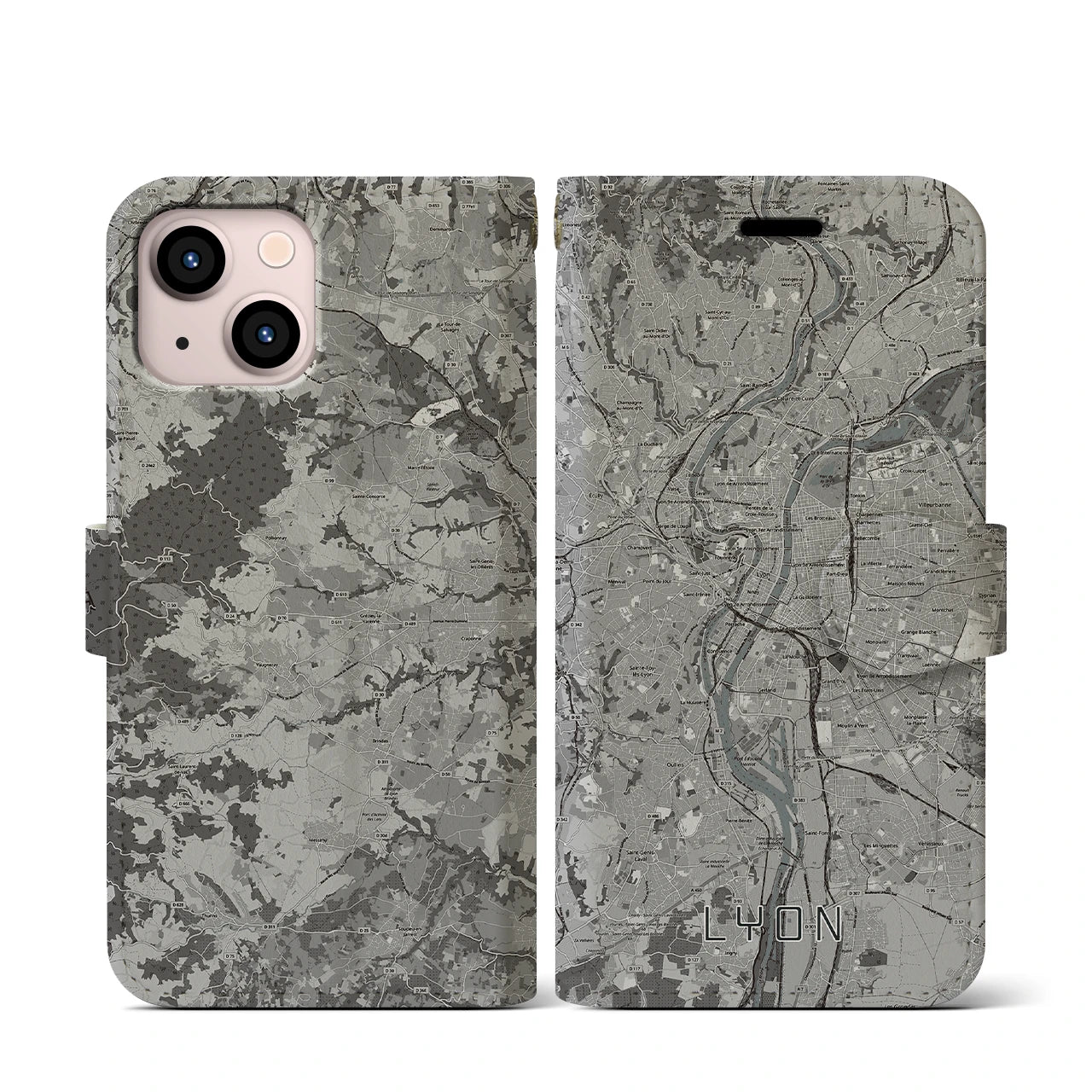 【リヨン(フランス)】地図柄iPhoneケース(手帳タイプ)モノトーン・iPhone 13 mini 用