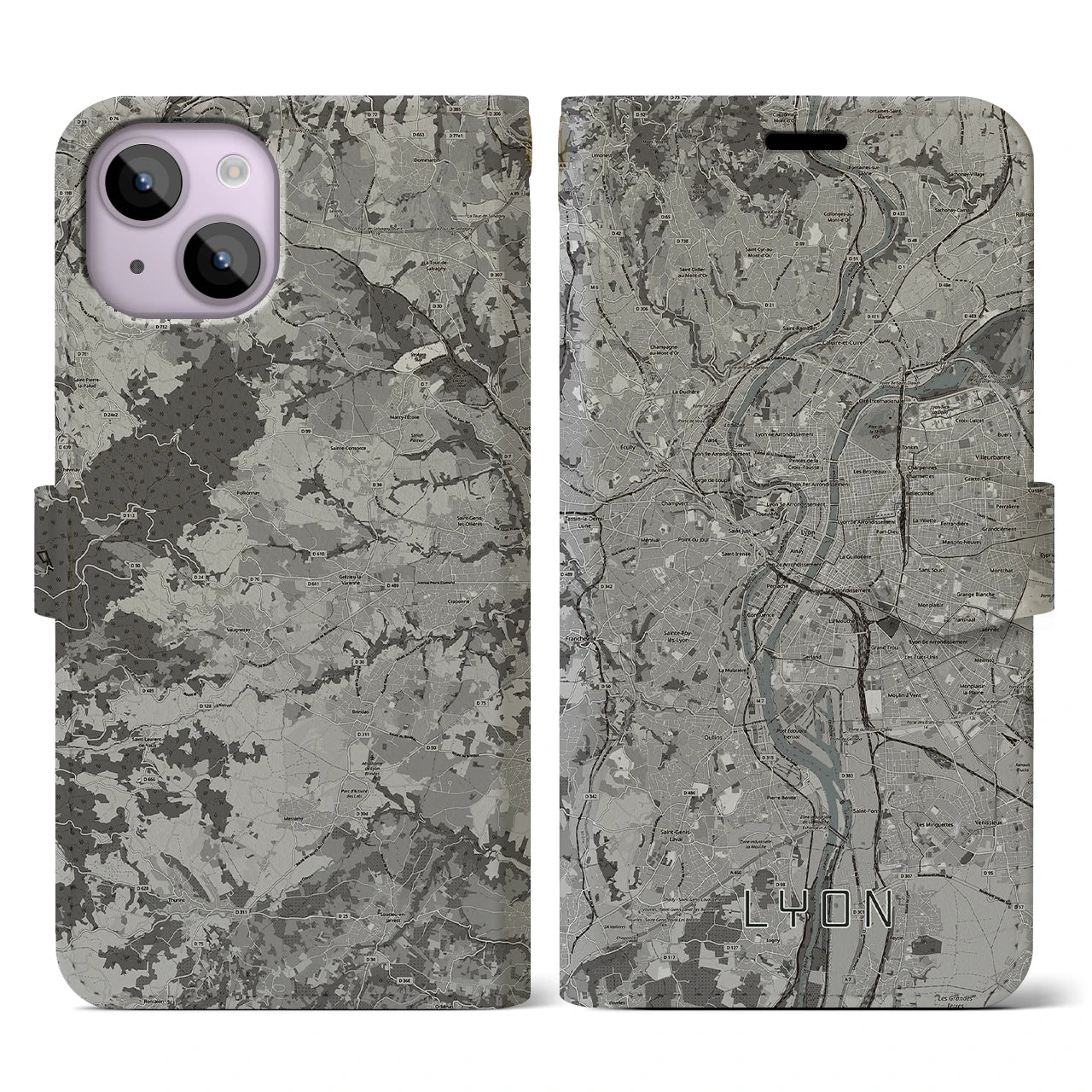 【リヨン(フランス)】地図柄iPhoneケース(手帳タイプ)モノトーン・iPhone 14 用