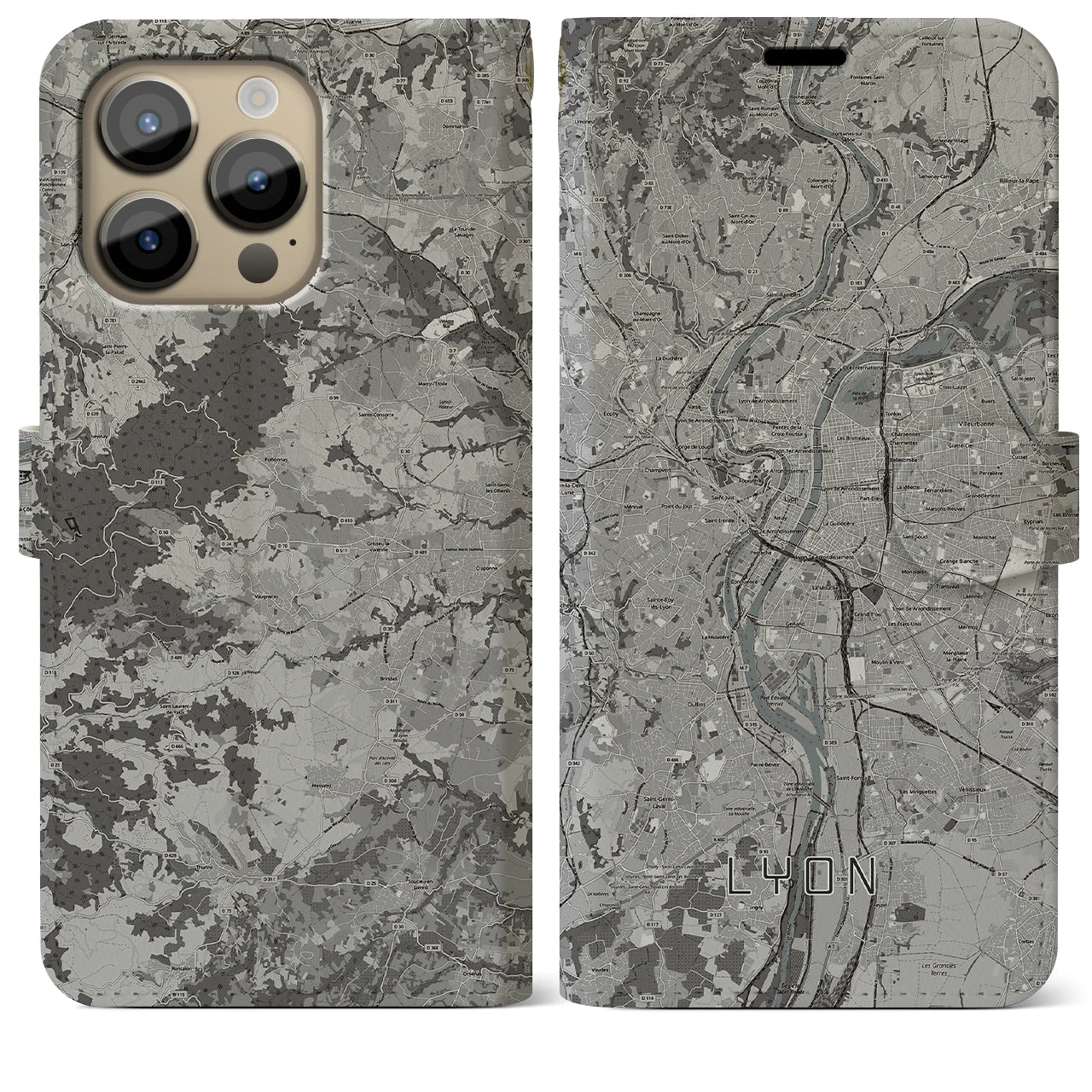 【リヨン(フランス)】地図柄iPhoneケース(手帳タイプ)モノトーン・iPhone 14 Pro Max 用