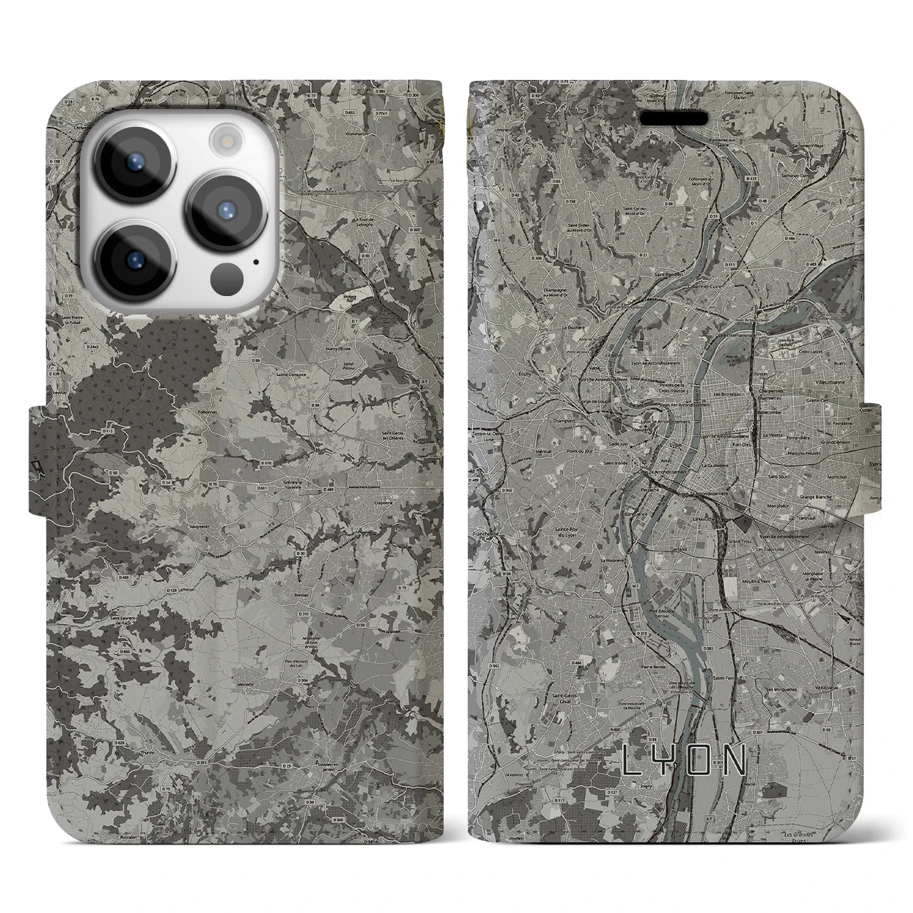 【リヨン(フランス)】地図柄iPhoneケース(手帳タイプ)モノトーン・iPhone 14 Pro 用