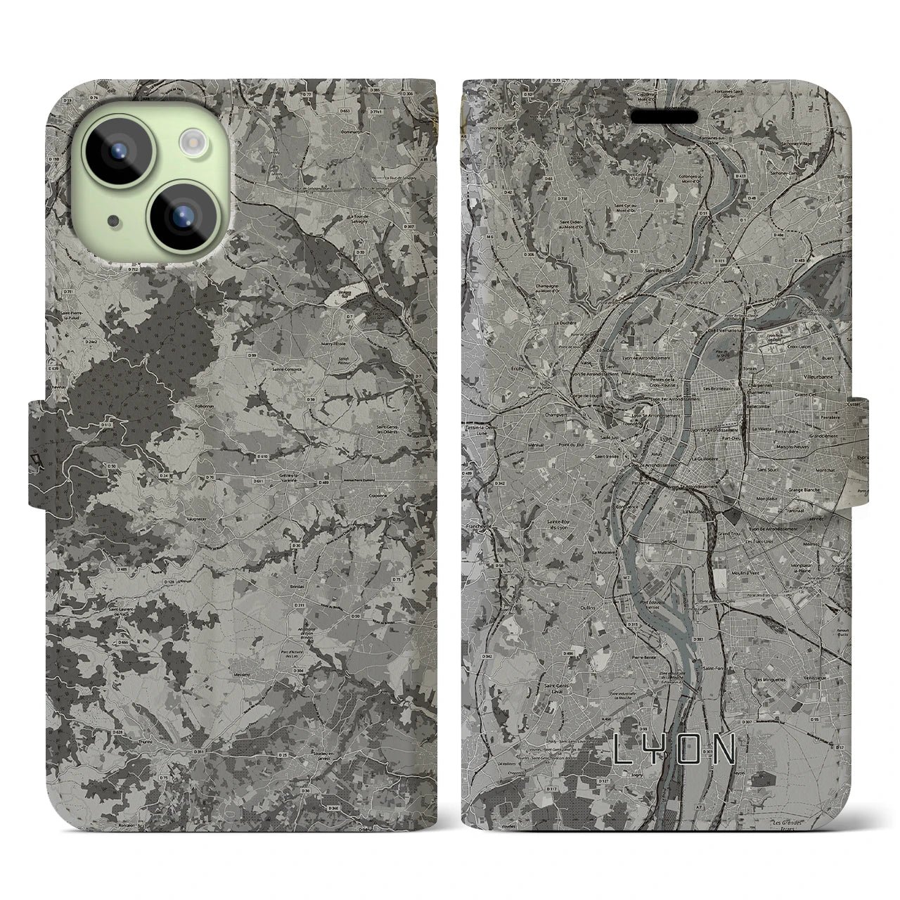 【リヨン(フランス)】地図柄iPhoneケース(手帳タイプ)モノトーン・iPhone 15 用