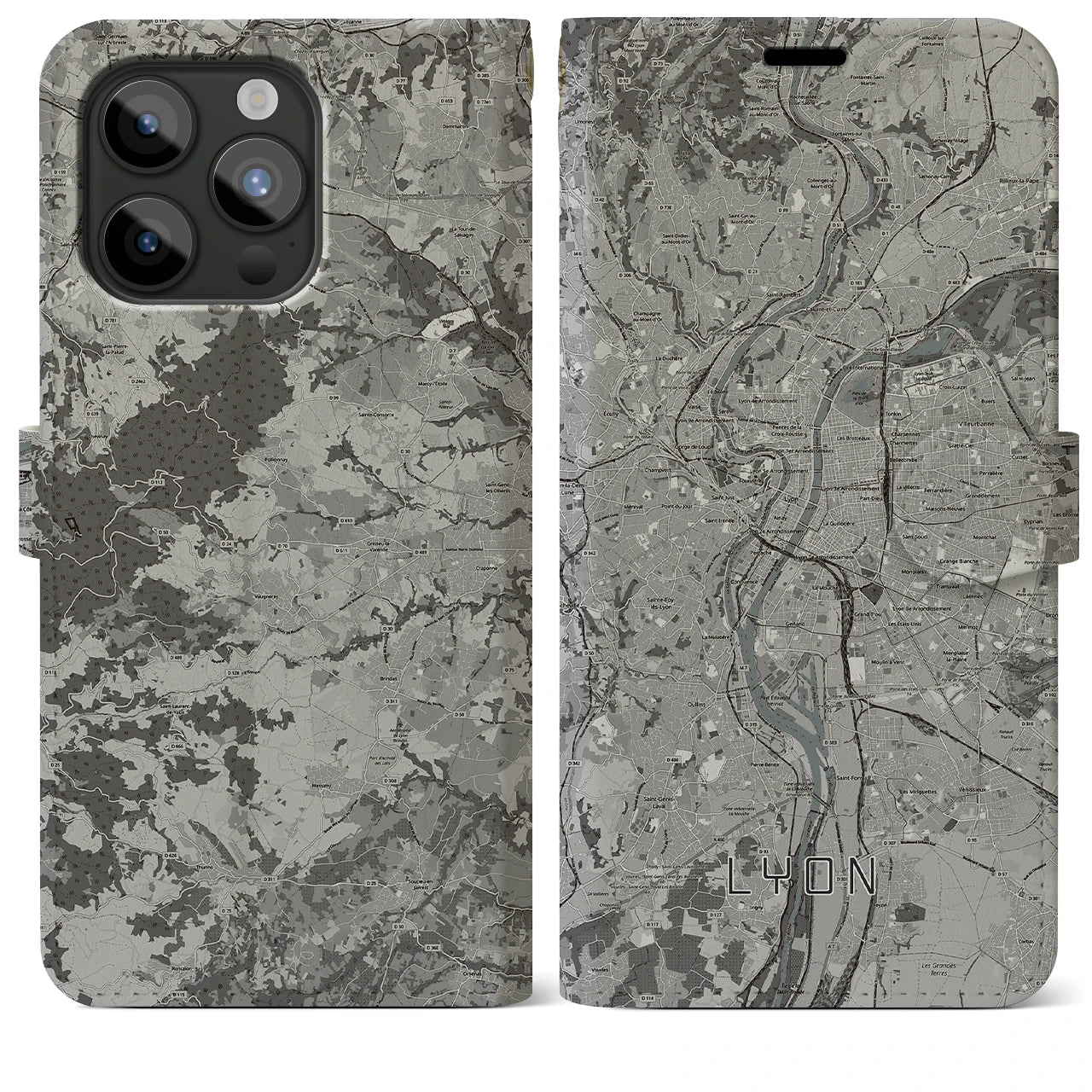 【リヨン(フランス)】地図柄iPhoneケース(手帳タイプ)モノトーン・iPhone 15 Pro Max 用