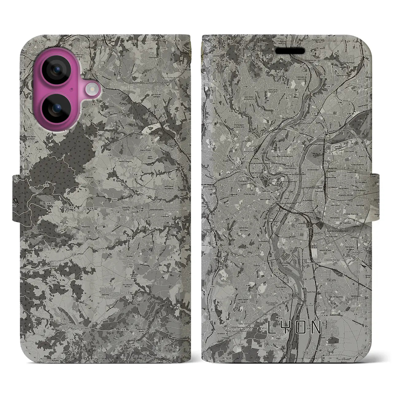 【リヨン(フランス)】地図柄iPhoneケース(手帳タイプ)モノトーン・iPhone 16 Pro 用
