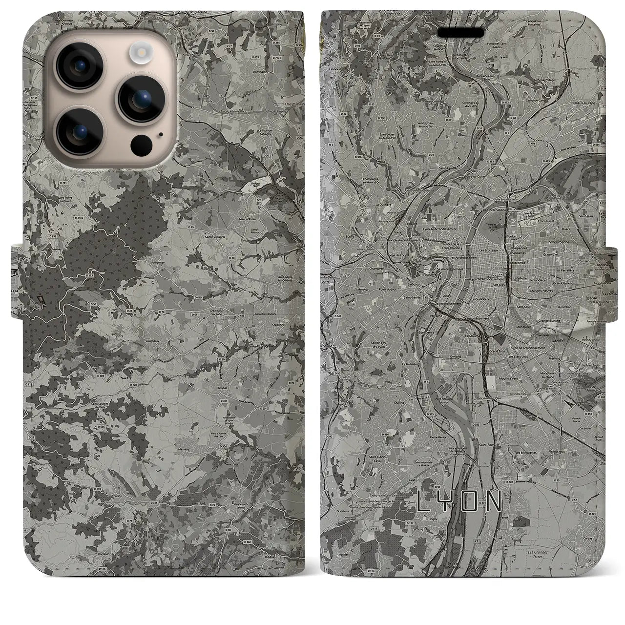 【リヨン(フランス)】地図柄iPhoneケース(手帳タイプ)モノトーン・iPhone 16 Plus 用