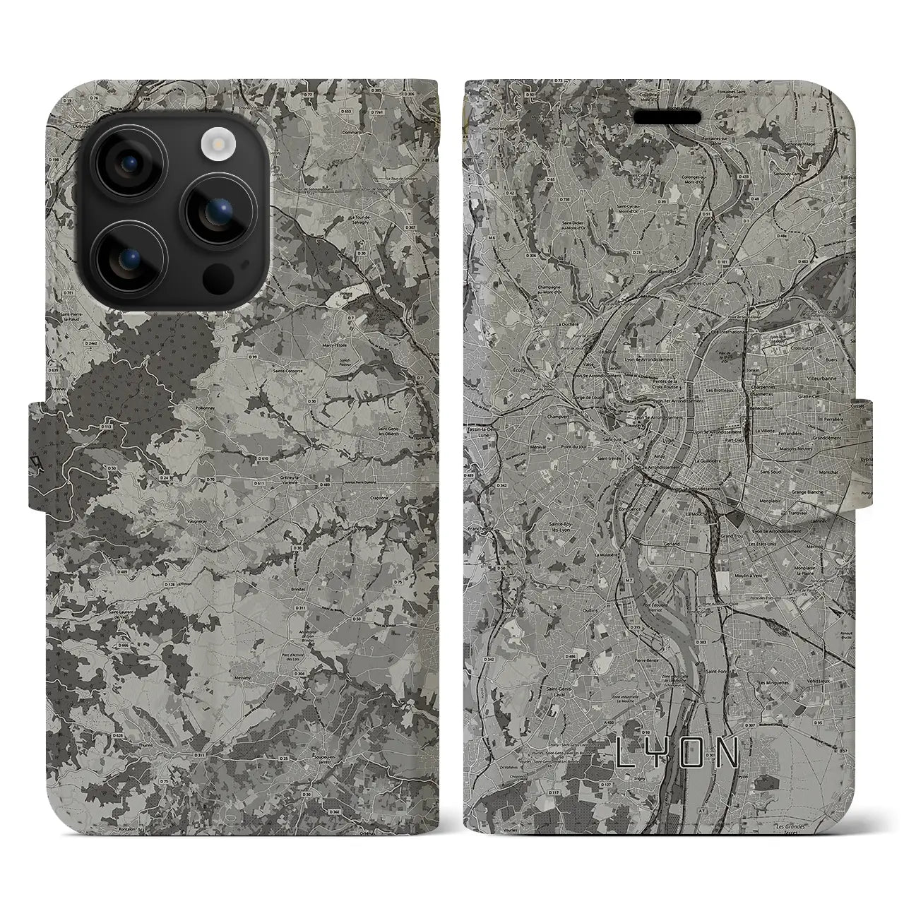 【リヨン(フランス)】地図柄iPhoneケース(手帳タイプ)モノトーン・iPhone 16 用