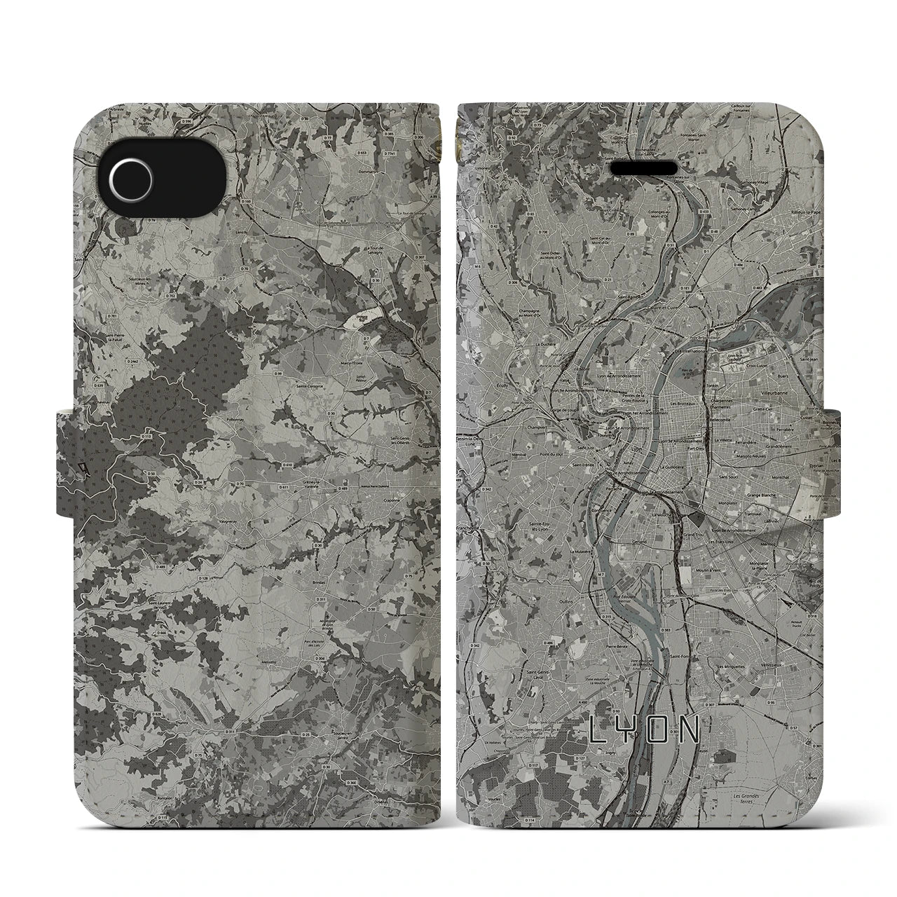 【リヨン(フランス)】地図柄iPhoneケース(手帳タイプ)モノトーン・iPhone SE(第3 / 第2世代) / 8 / 7 / 6s / 6 用