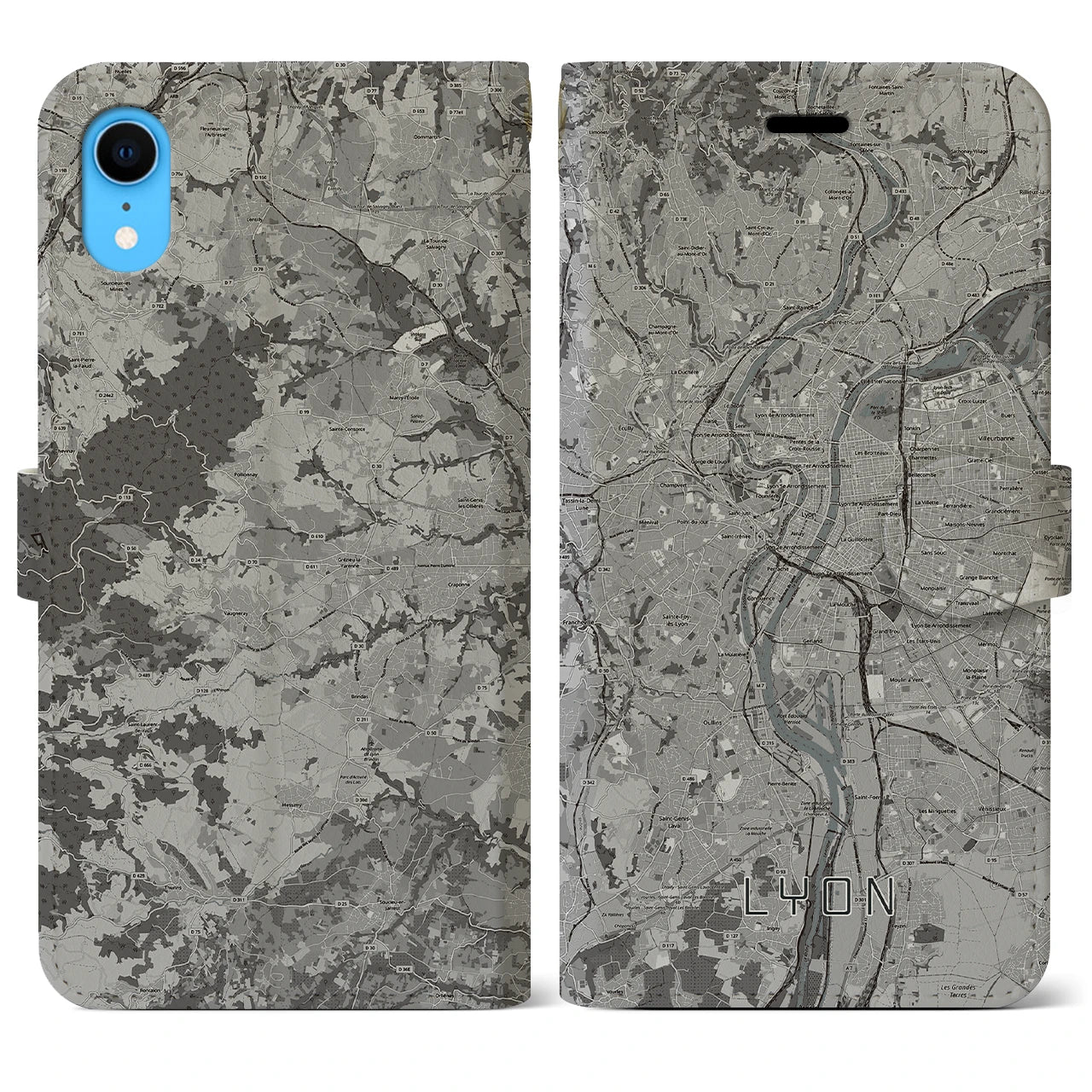【リヨン(フランス)】地図柄iPhoneケース(手帳タイプ)モノトーン・iPhone XR 用