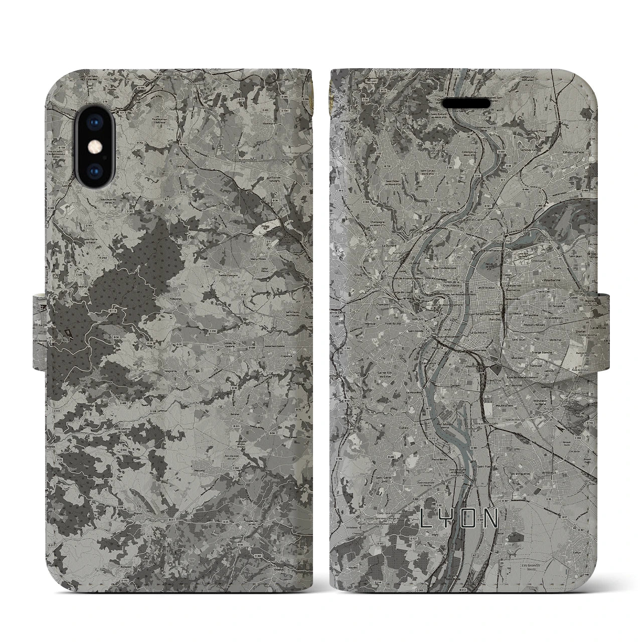 【リヨン(フランス)】地図柄iPhoneケース(手帳タイプ)モノトーン・iPhone XS / X 用