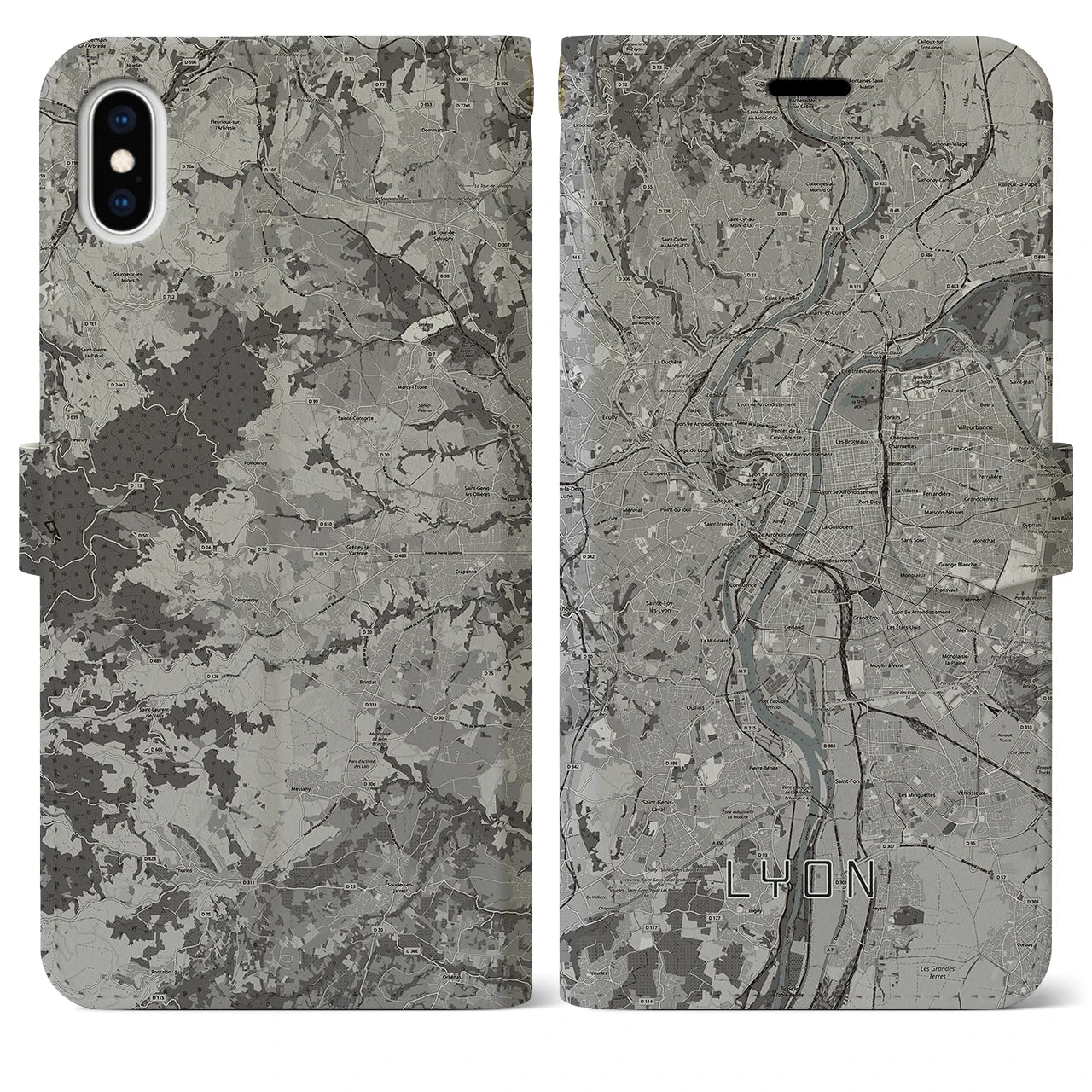 【リヨン(フランス)】地図柄iPhoneケース(手帳タイプ)モノトーン・iPhone XS Max 用