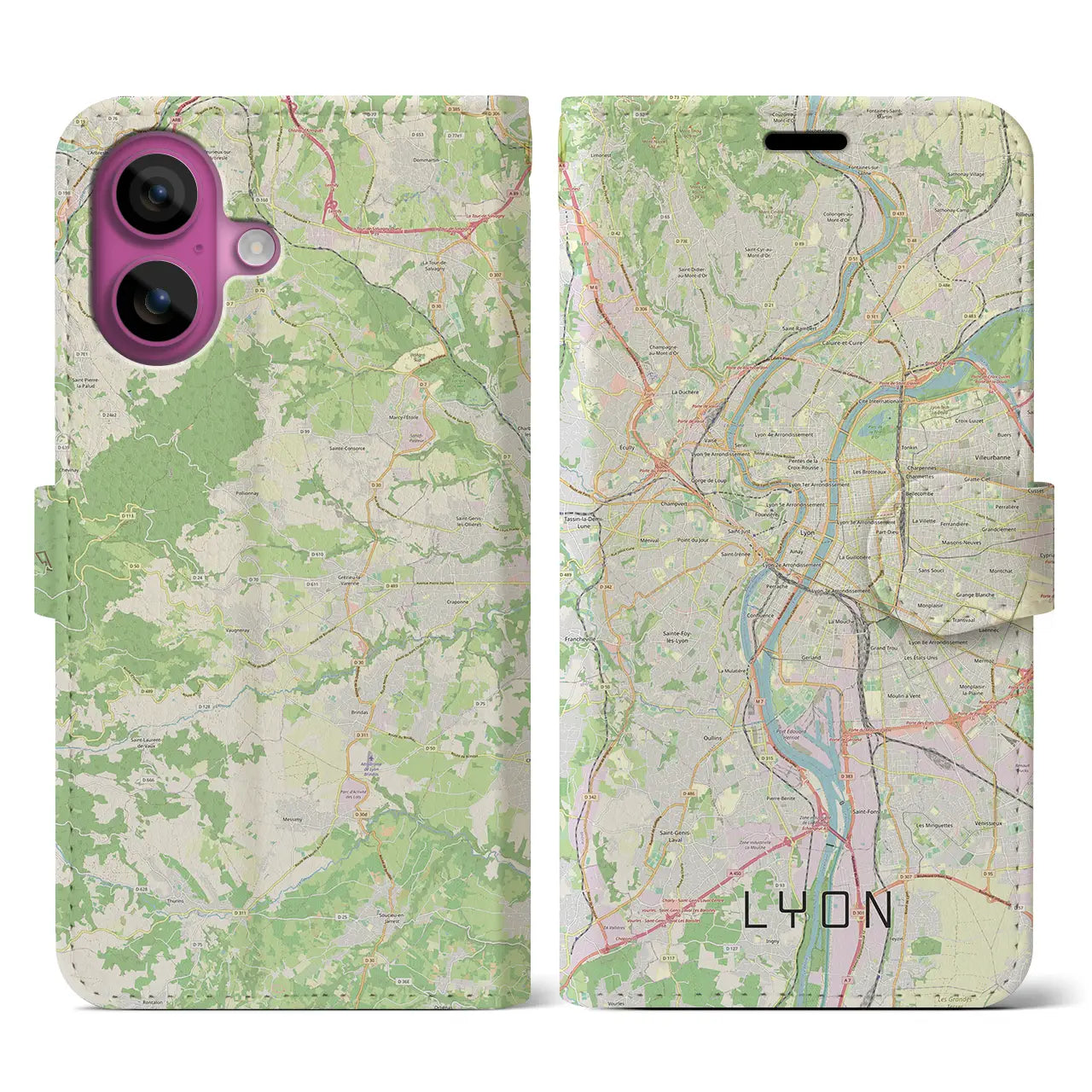 【リヨン(フランス)】地図柄iPhoneケース(手帳タイプ)ナチュラル・iPhone 16 Pro 用
