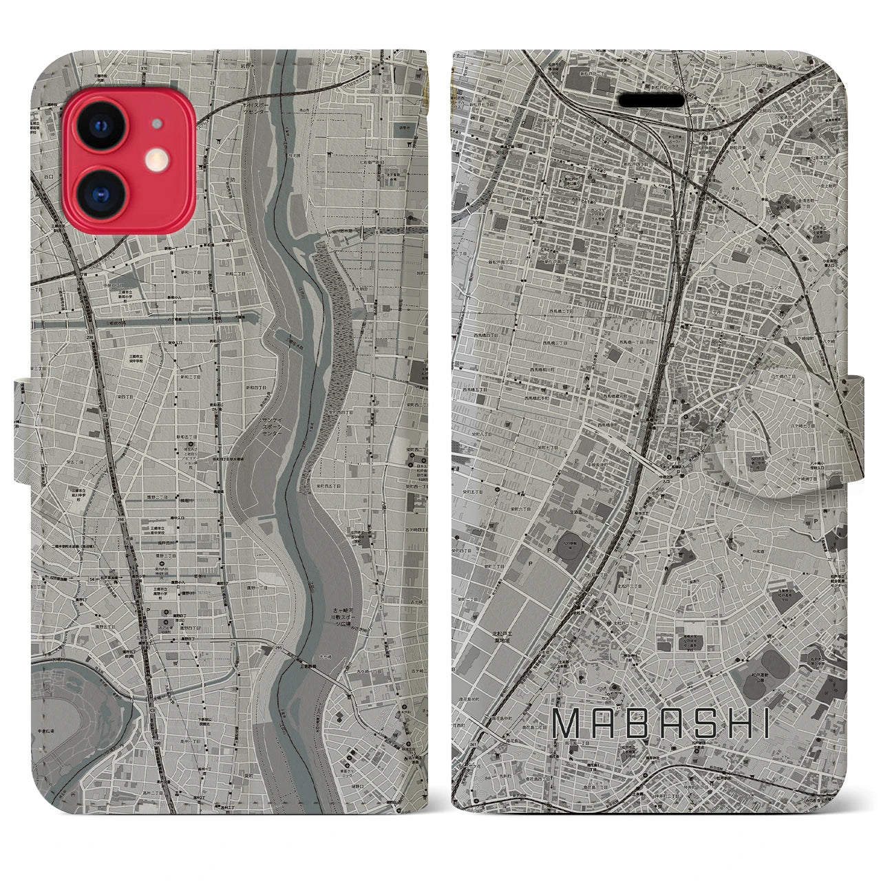 【馬橋(千葉県)】地図柄iPhoneケース(手帳タイプ)モノトーン・iPhone 11 用