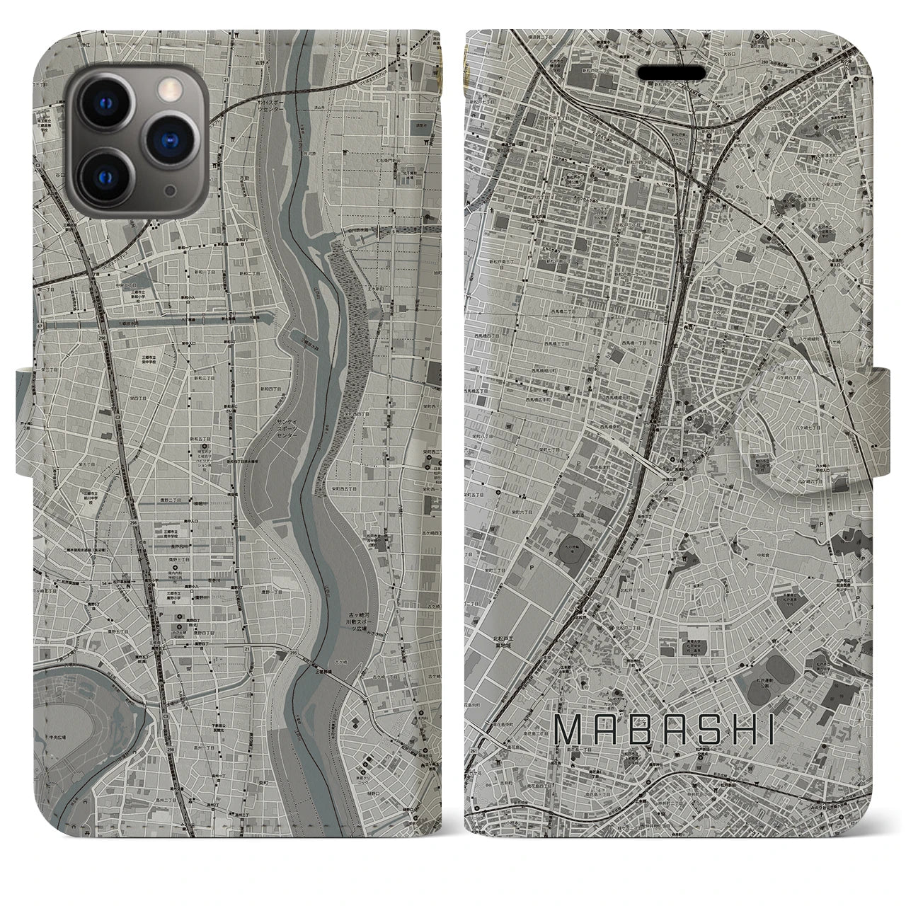 【馬橋(千葉県)】地図柄iPhoneケース(手帳タイプ)モノトーン・iPhone 11 Pro Max 用