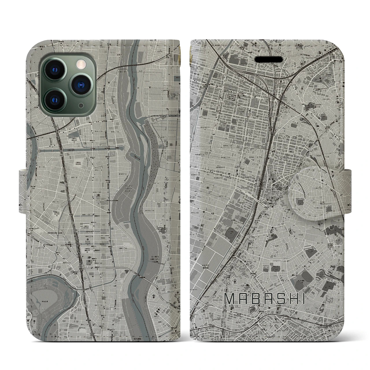 【馬橋(千葉県)】地図柄iPhoneケース(手帳タイプ)モノトーン・iPhone 11 Pro 用