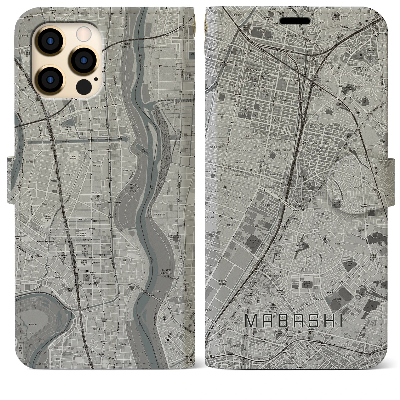 【馬橋(千葉県)】地図柄iPhoneケース(手帳タイプ)モノトーン・iPhone 12 Pro Max 用