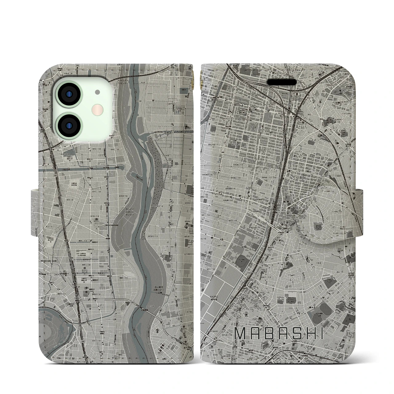 【馬橋(千葉県)】地図柄iPhoneケース(手帳タイプ)モノトーン・iPhone 12 mini 用