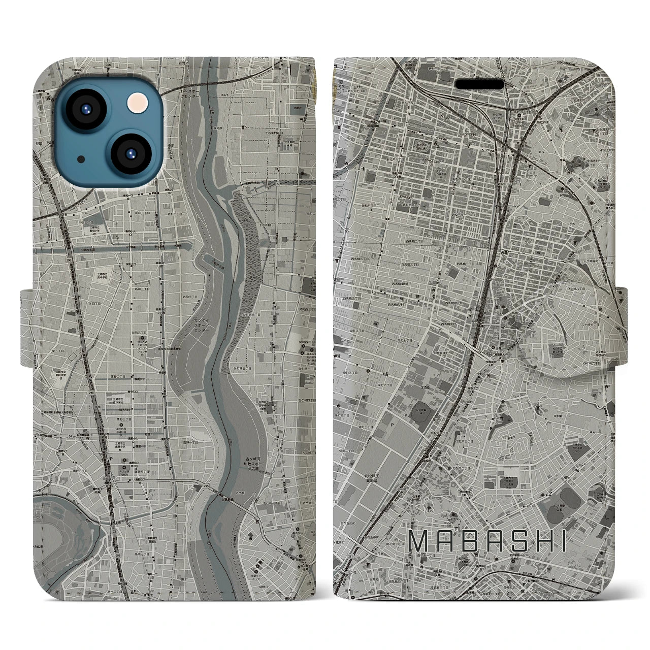 【馬橋(千葉県)】地図柄iPhoneケース(手帳タイプ)モノトーン・iPhone 13 用